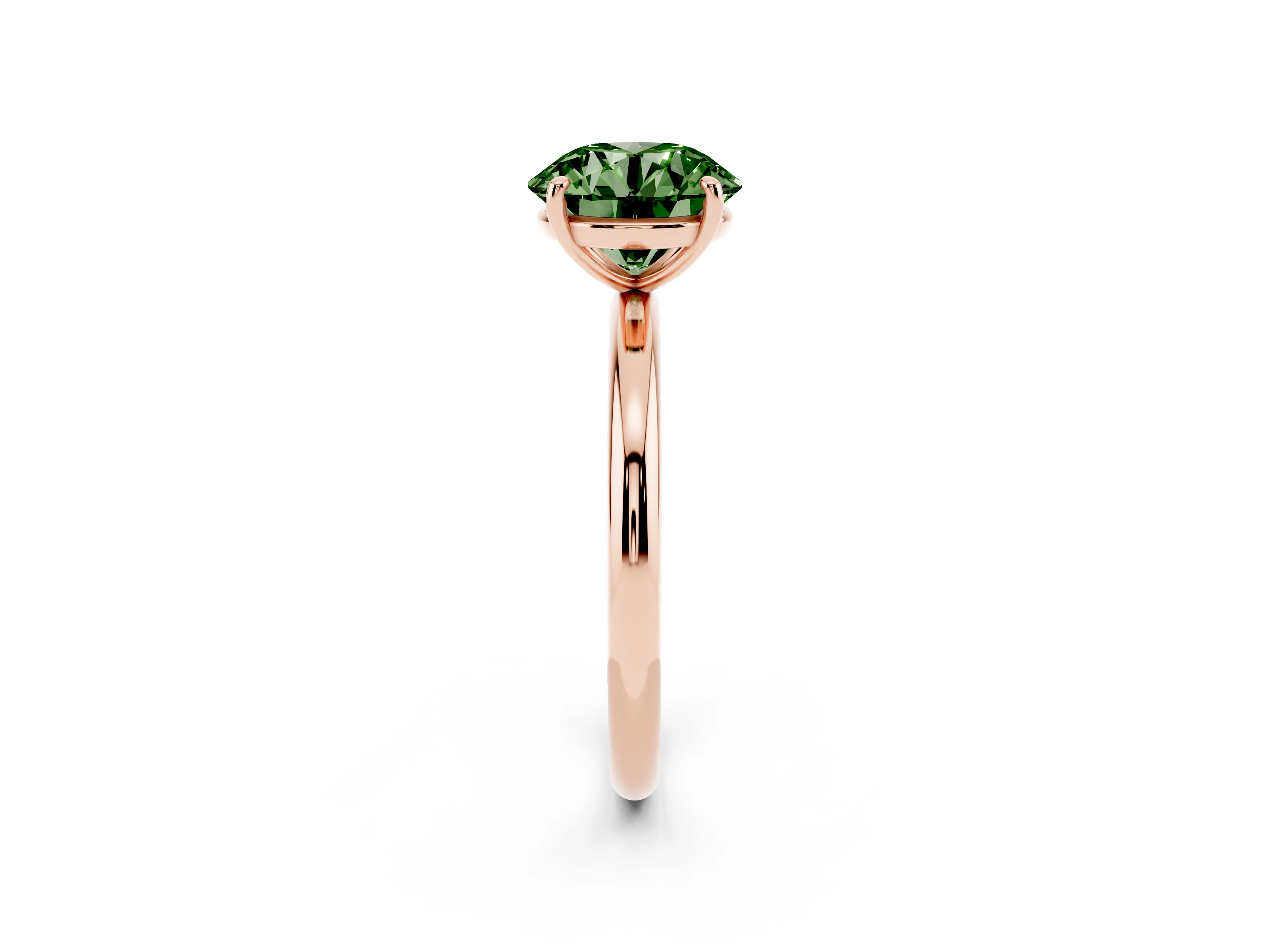 Fancy Green Round Cut Diamond Solitaire Ring Set in Rose gold with Prong Setting on a Polished Plain Band