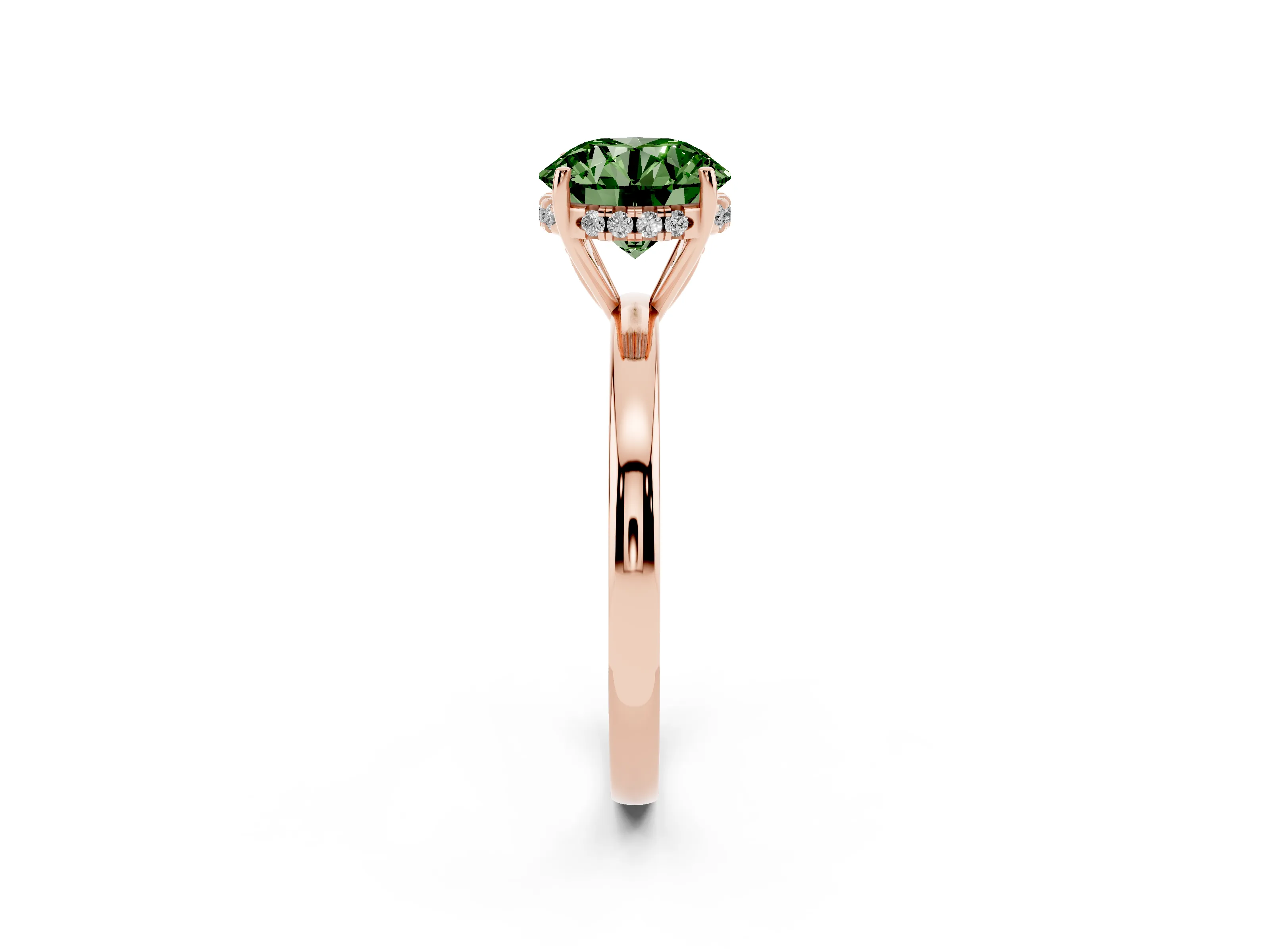 Fancy Green Round Cut Diamond Solitaire Ring Set in Rose gold with Plain Band and Prong Setting