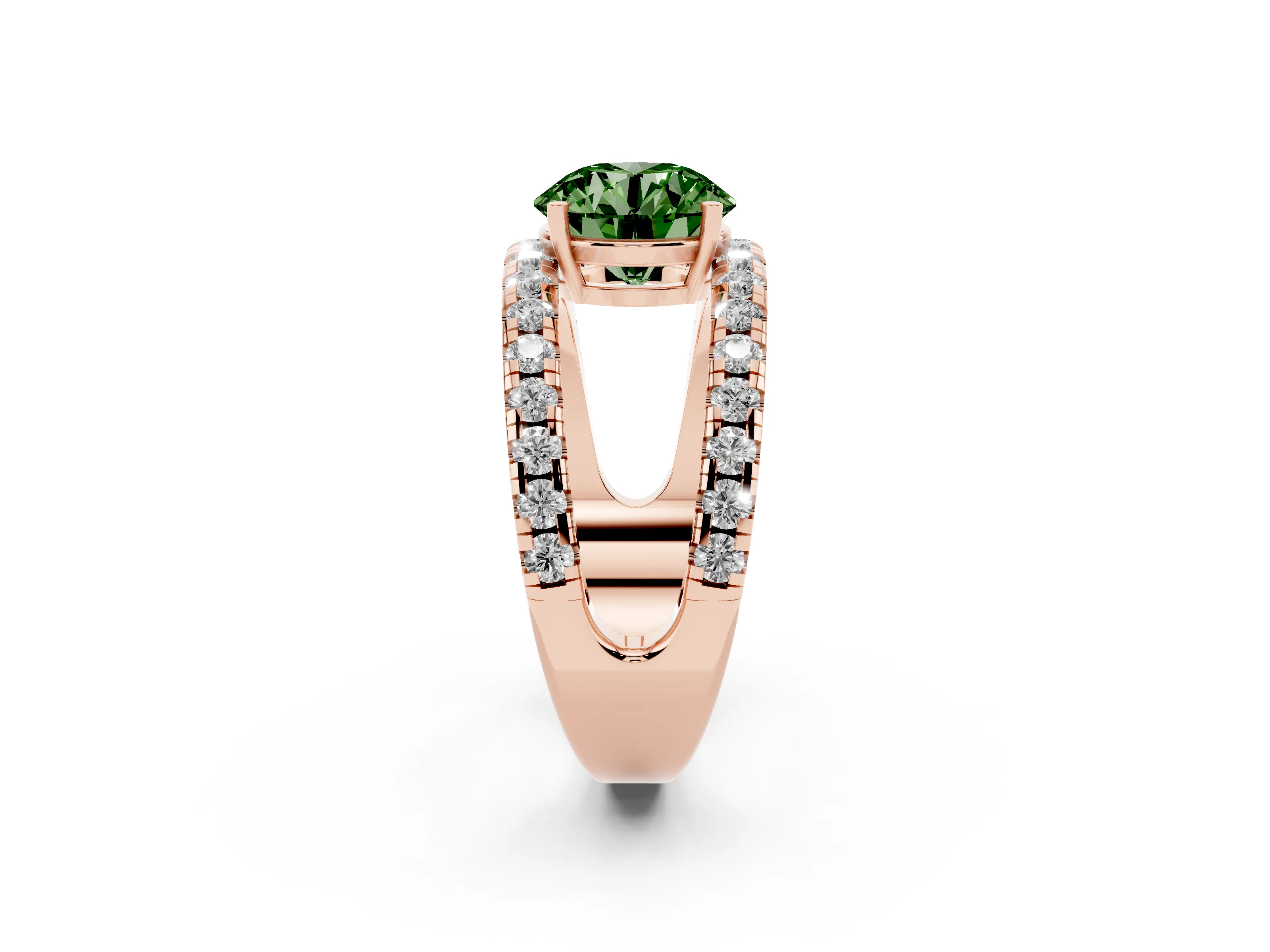 Fancy Green Round Cut Diamond Split Shank Pavé Solitaire Ring Set in Rose gold with Open Shank Design