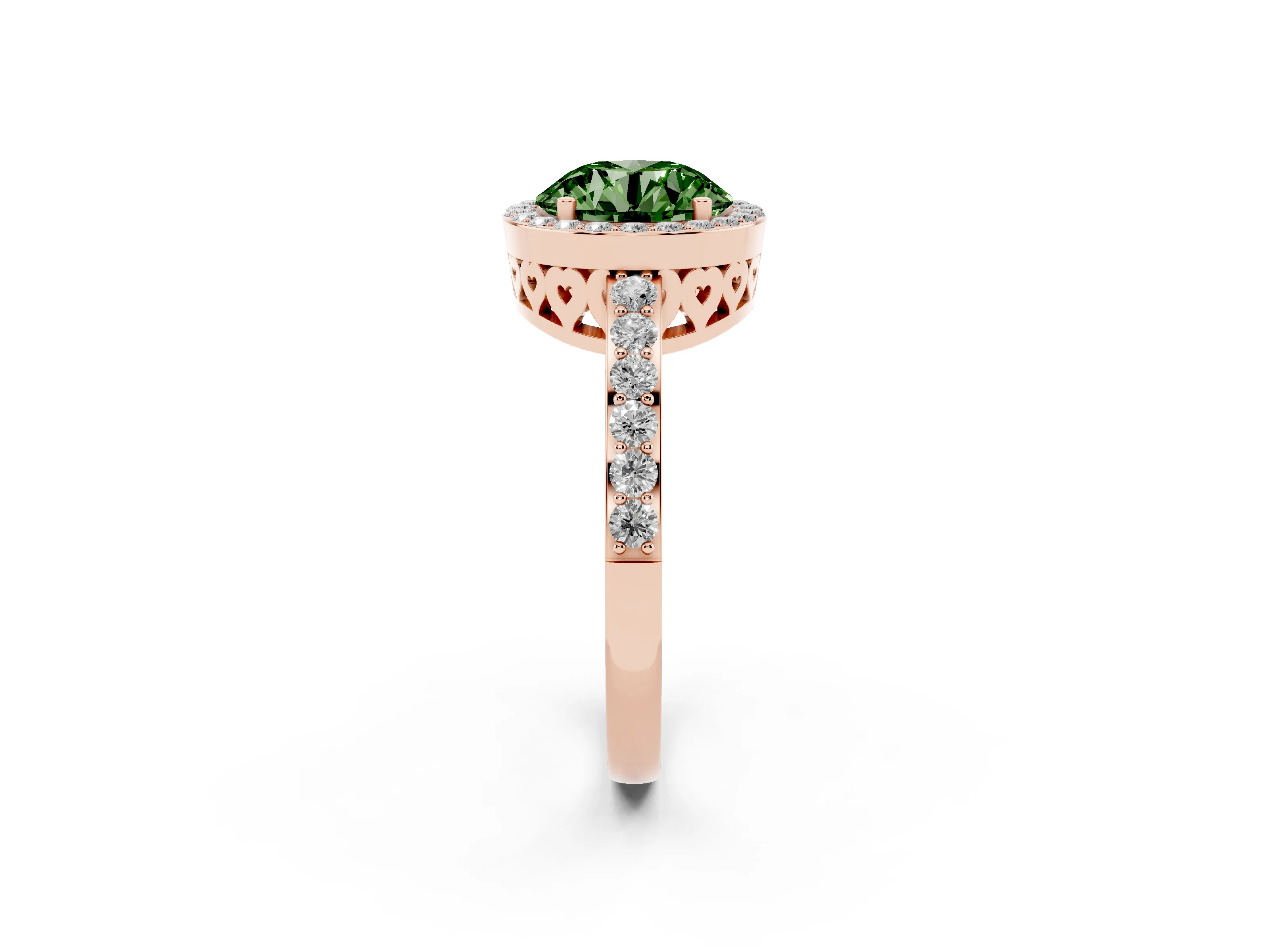 Fancy Green Round Cut Diamond Halo Ring Set in Rose gold with Pavé-Setting Band and Open Prong Center