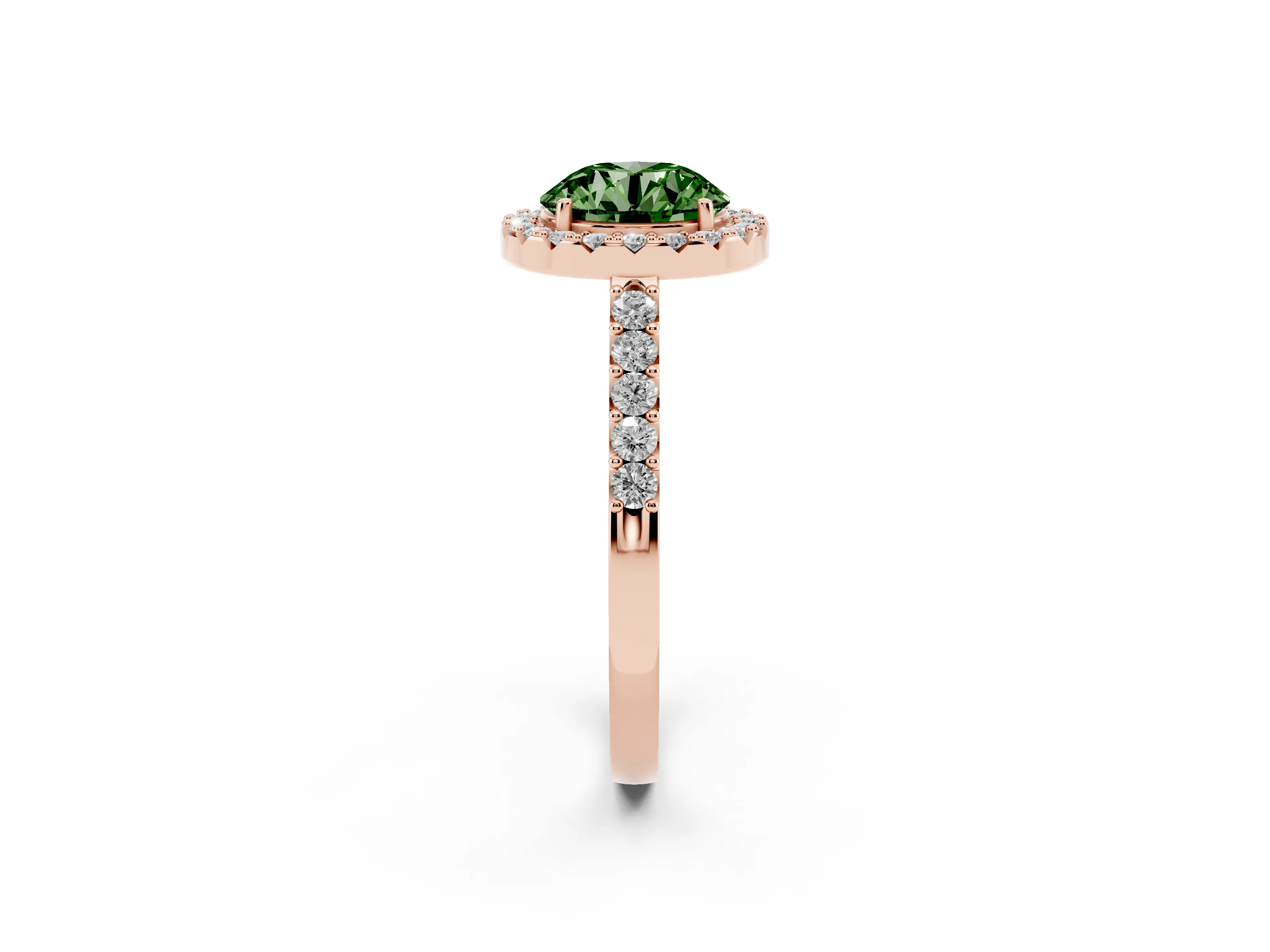 Fancy Green Round Cut Diamond Halo Pavé Solitaire Ring Set in Rose gold with Prong-Set Center Stone