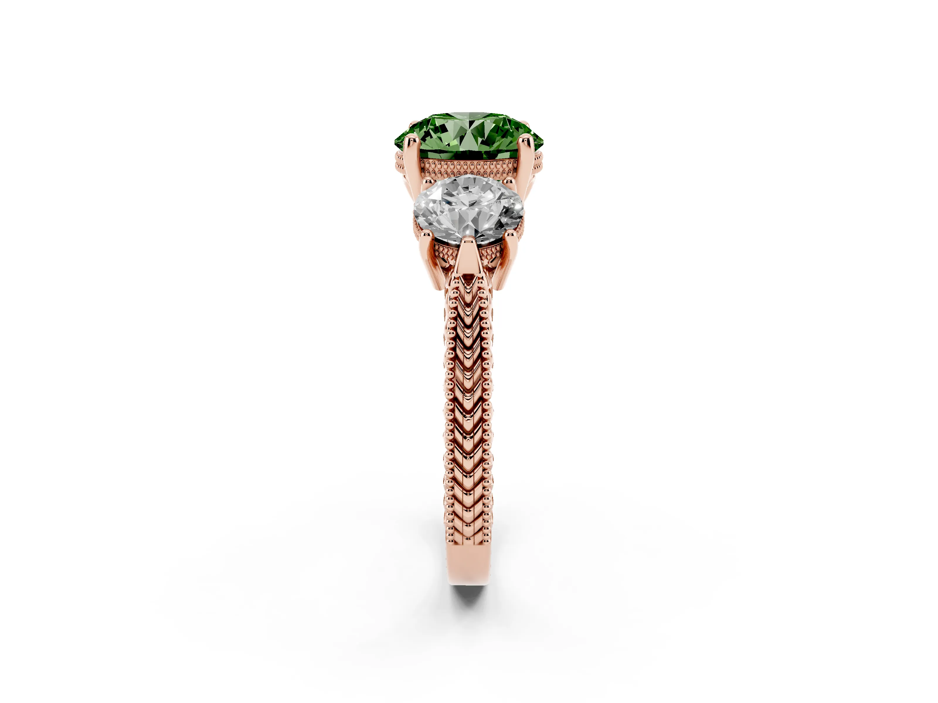 Fancy Green Round Cut Diamond Three-Stone Ring Set in Rose gold with Milgrain Band