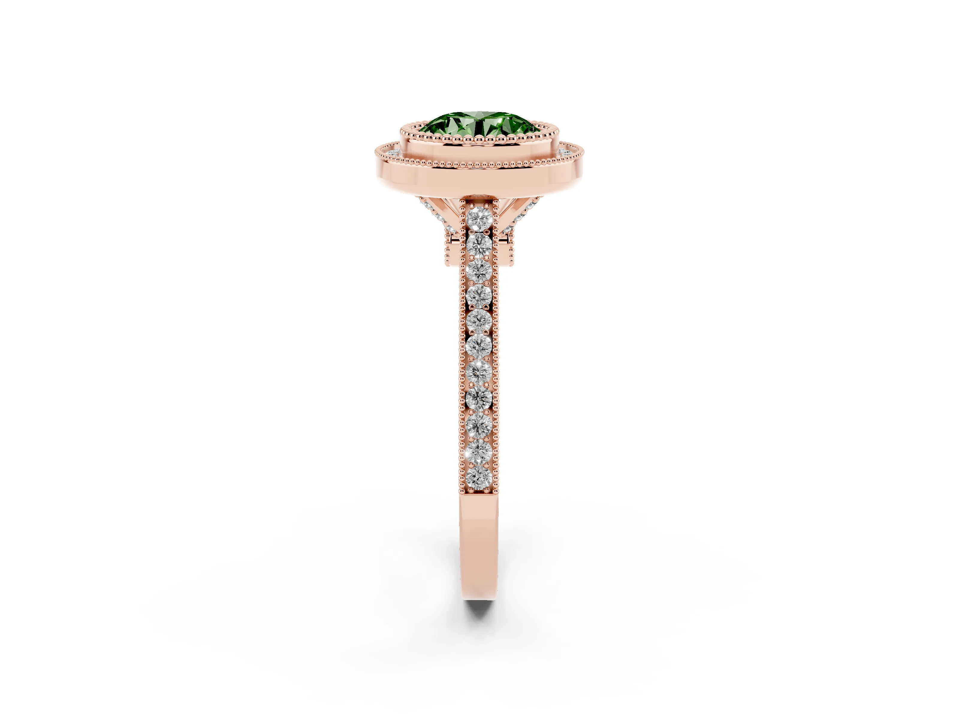 Fancy Green Round Cut Diamond Halo Ring Set in Rose gold with Milgrain Frame and Pavé Band