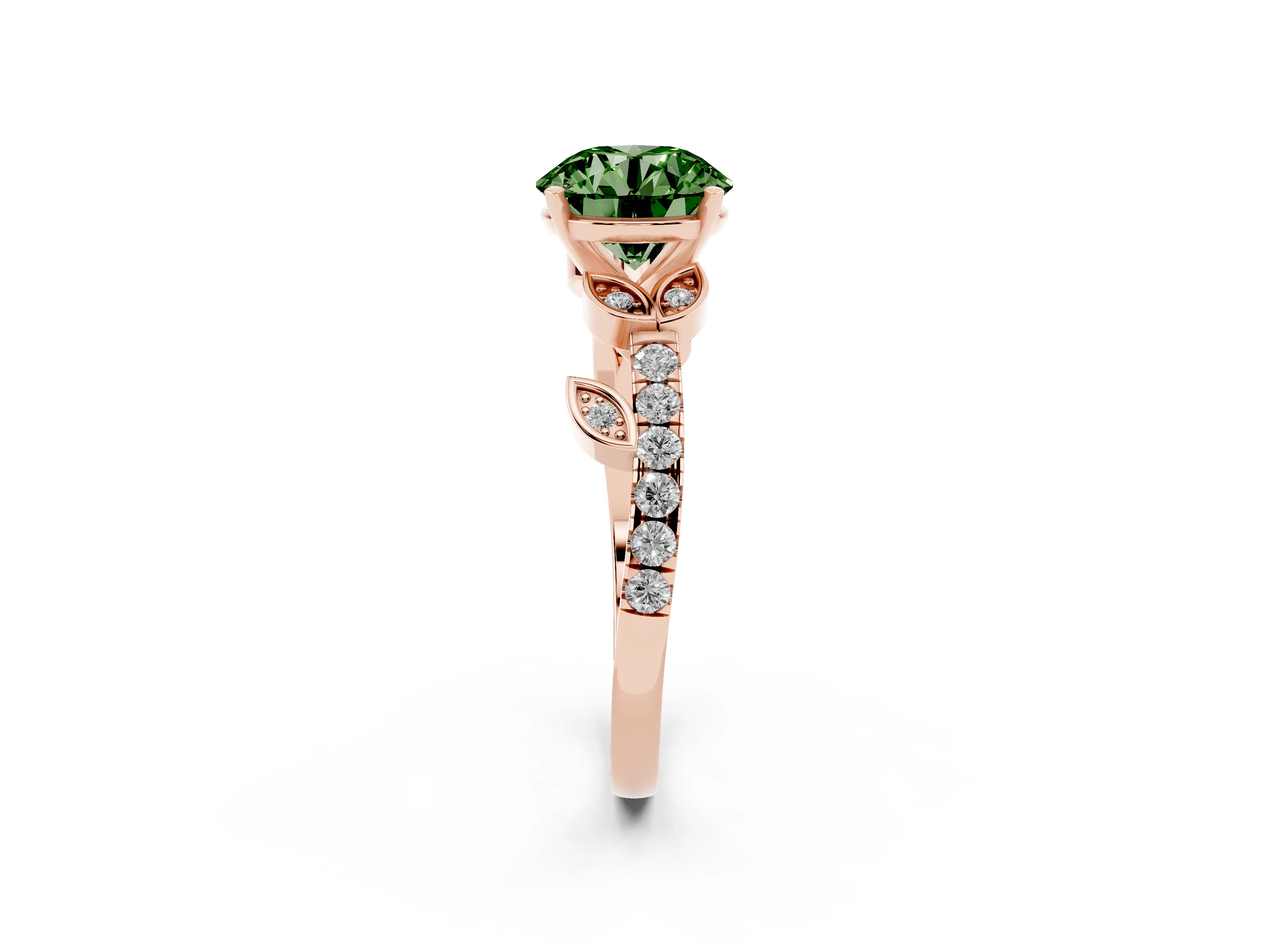 Fancy Green Round Cut Diamond Solitaire Leaf-Inspired Ring Set in Rose gold with Pavé Band and Prong Setting
