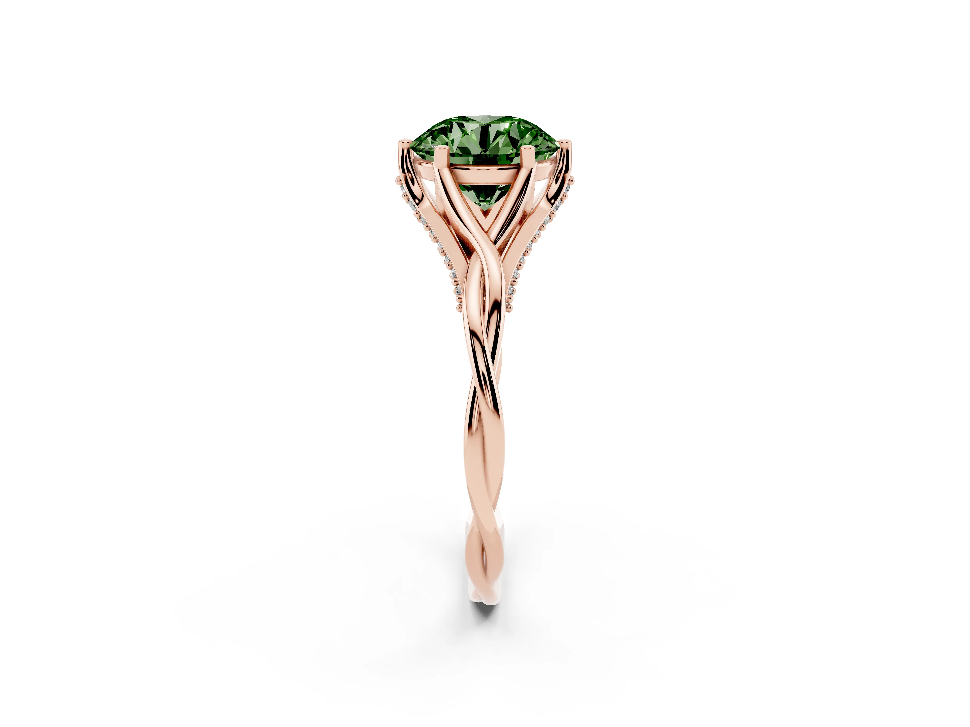 Fancy Green Round Cut Diamond Intertwined Twist Band Solitaire Ring Set in Rose gold with Prong Setting