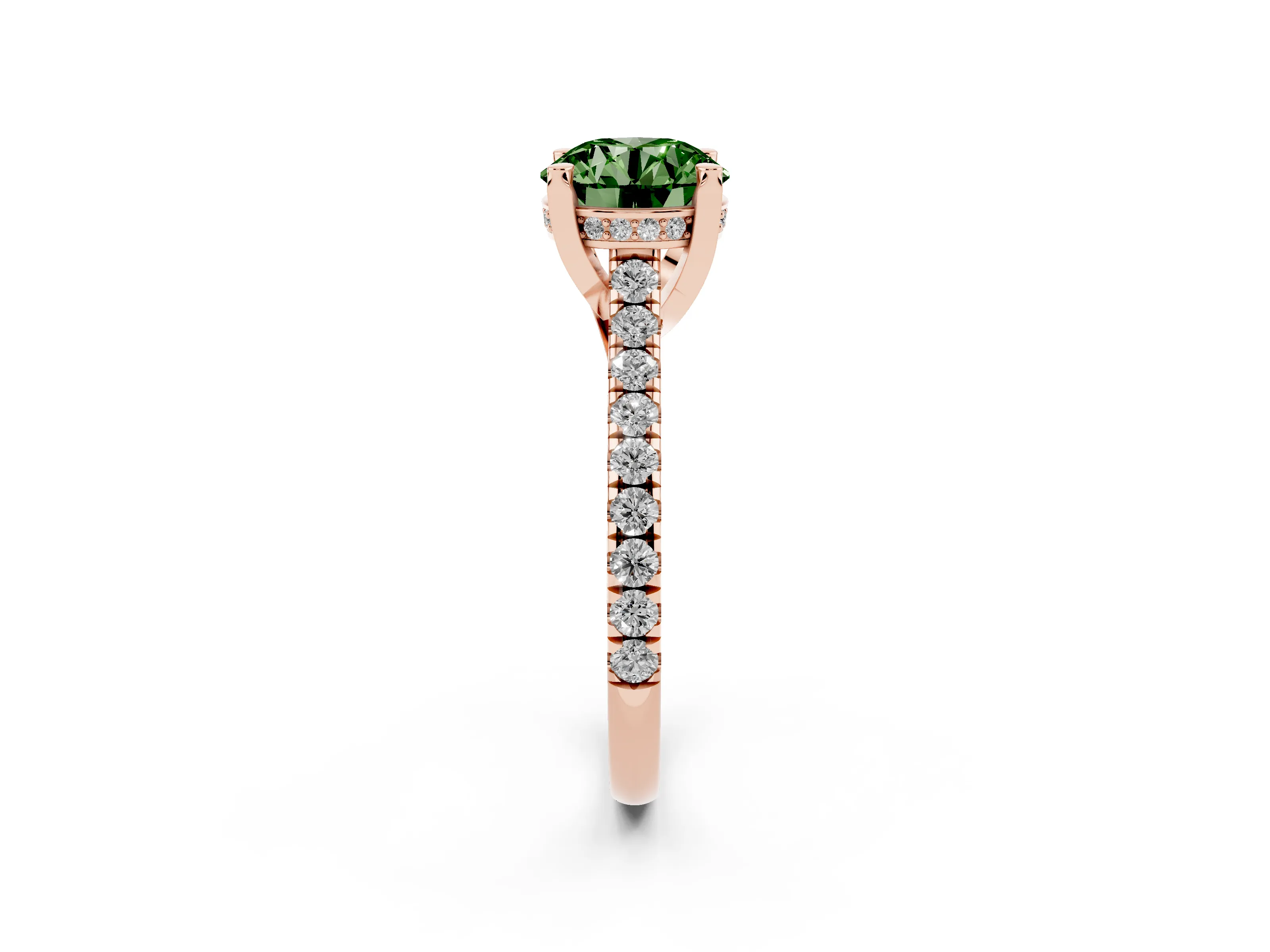 Fancy Green Round Cut Diamond Solitaire Ring Set in Rose gold with Brilliant Pavé Band and Prong Setting