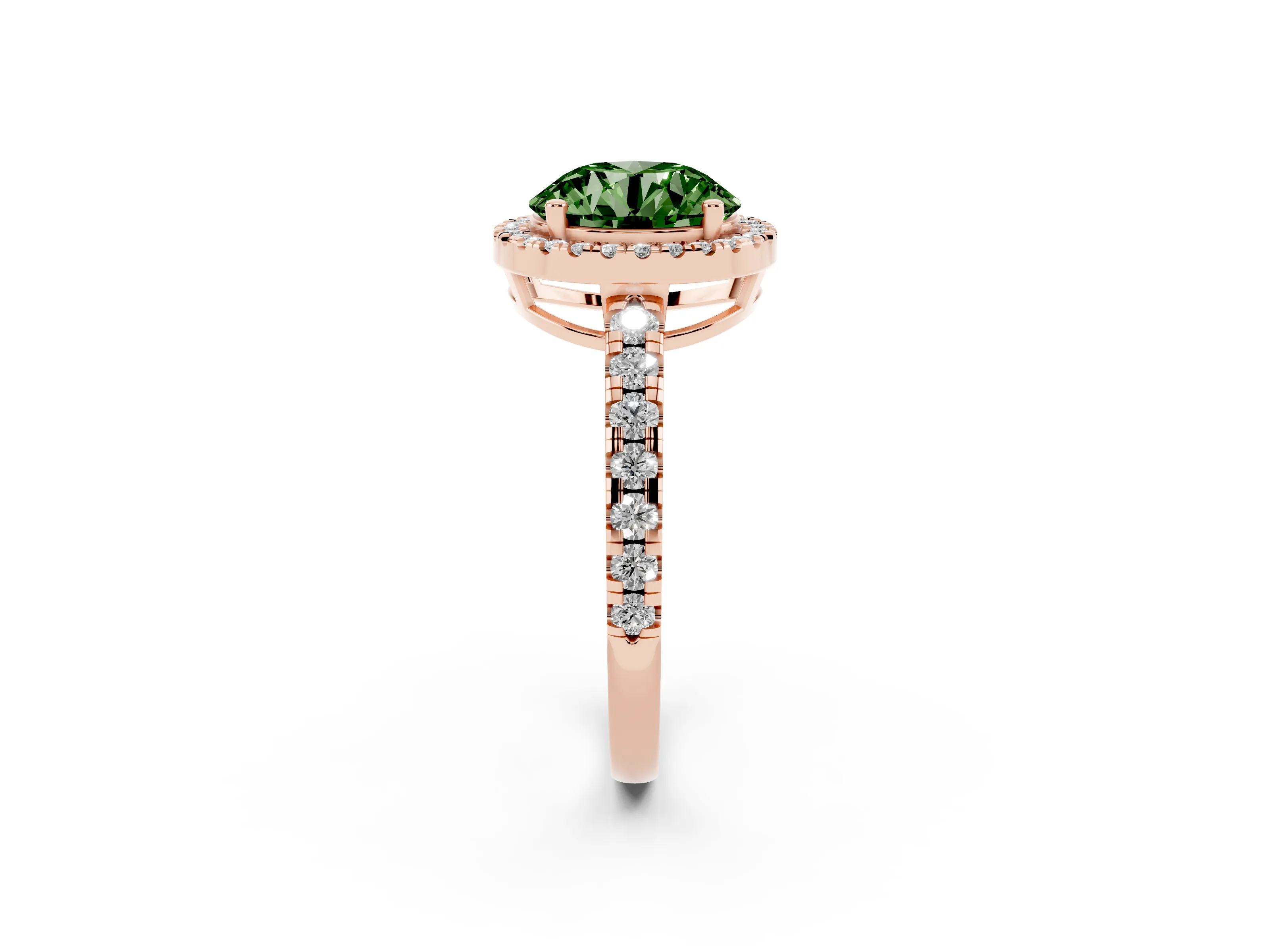 Fancy Green Round Cut Diamond Halo Ring Set in Rose gold with Delicate Pavé Band and Prong Setting