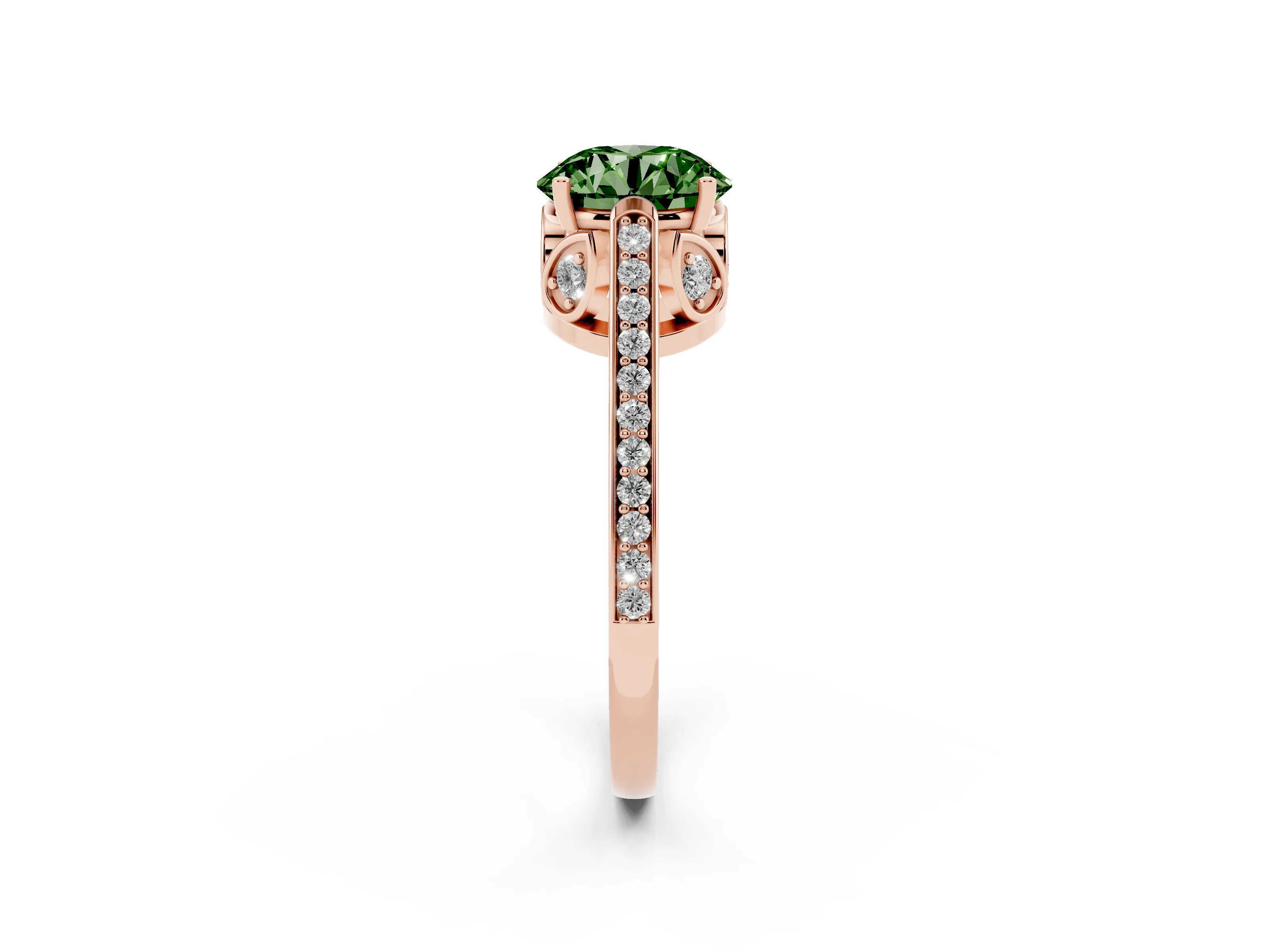 Fancy Green Round Cut Diamond Cathedral Pavé Engagement Ring Set in Rose gold with Prong Setting