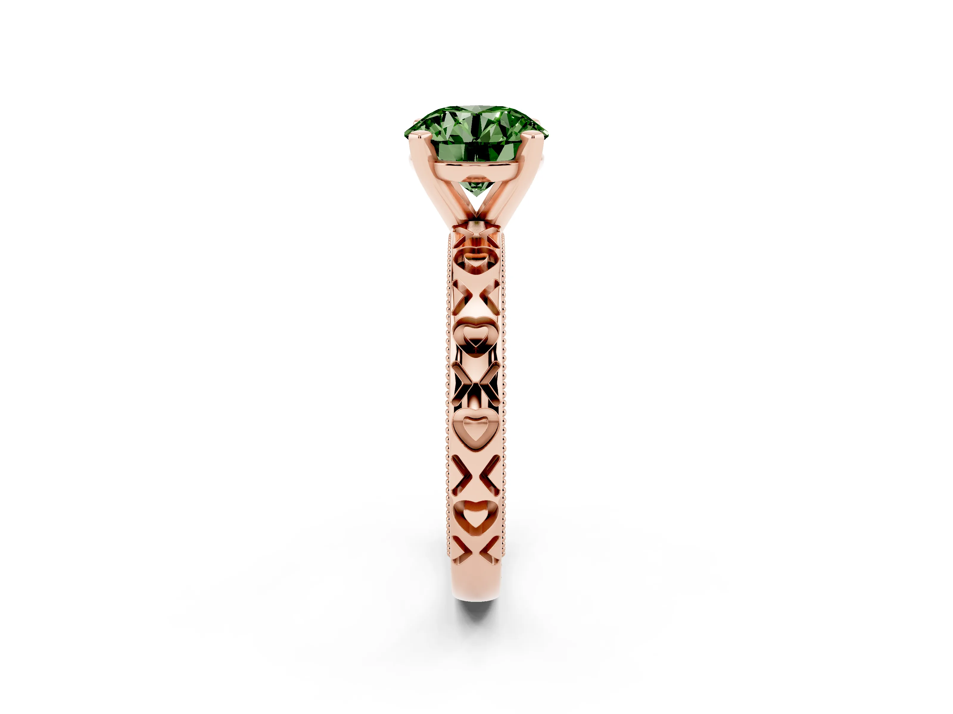 Fancy Green Round Cut Diamond Solitaire Engagement Ring Set in Rose gold with XO Engraved Band and Prong Setting