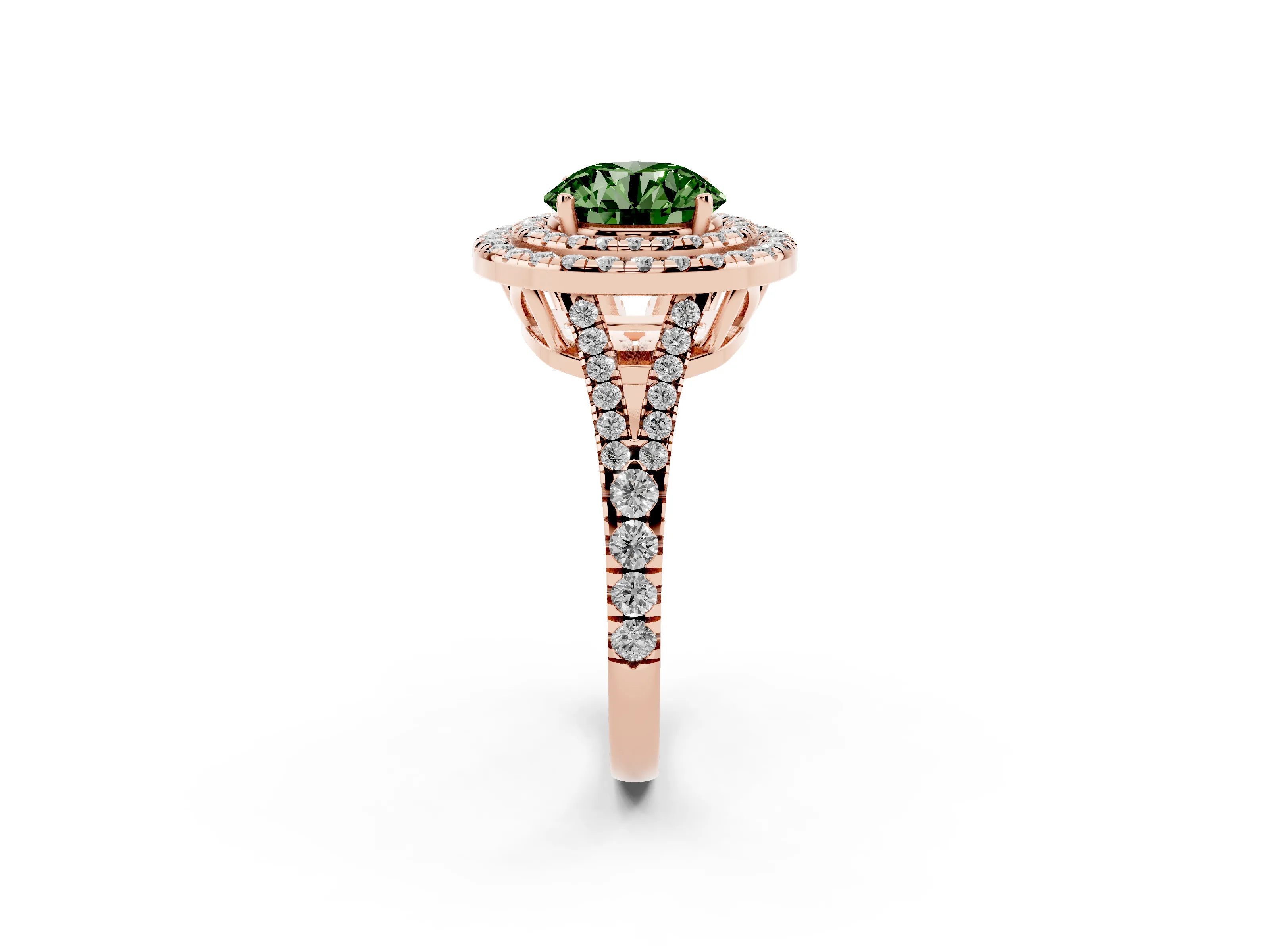Fancy Green Round Cut Diamond Double Halo Ring Set in Rose gold with Pavé Band