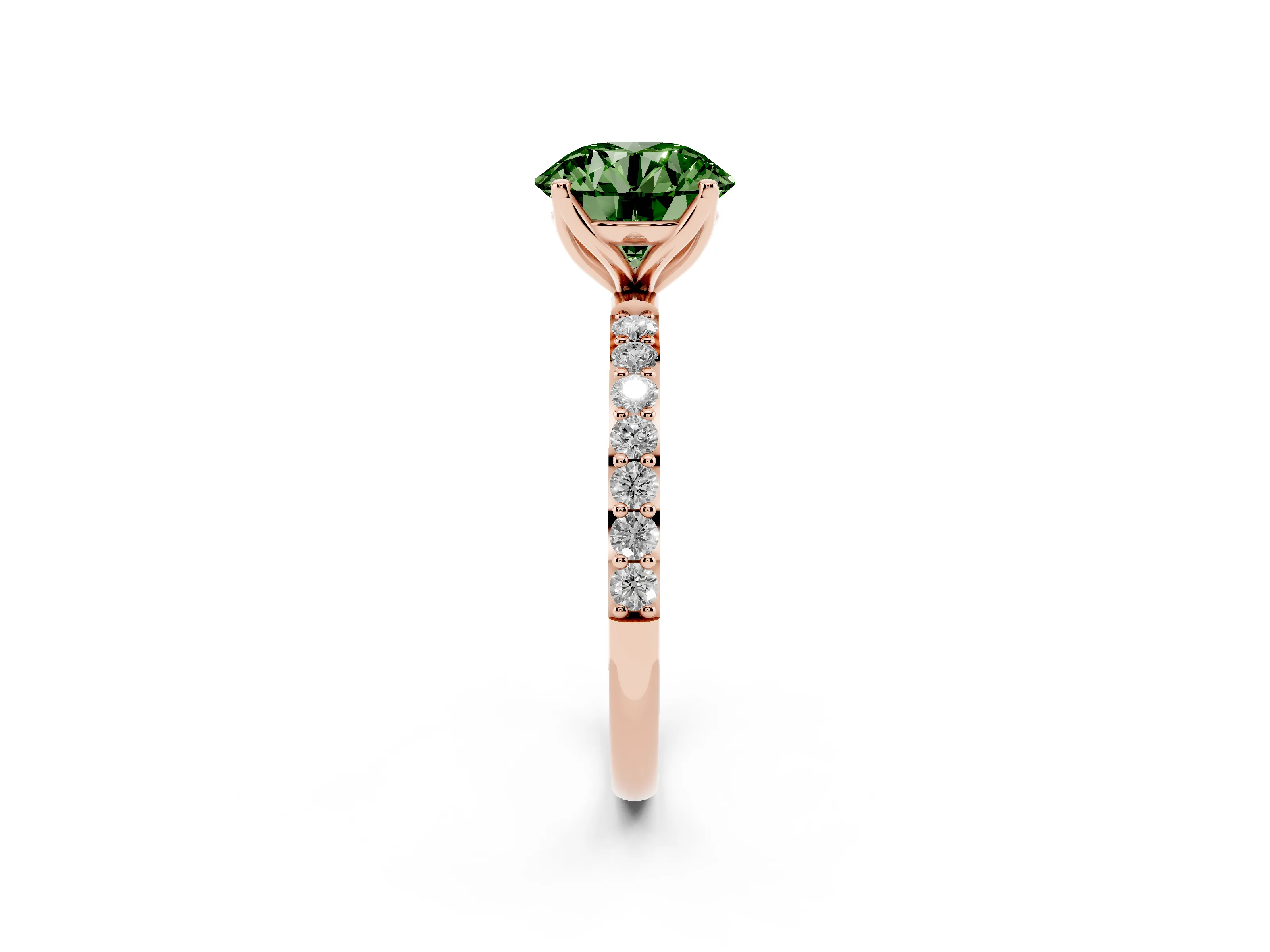 Fancy Green Round Cut Diamond Solitaire Engagement Ring Set in Rose gold with Round Pavé Band and Prong Setting
