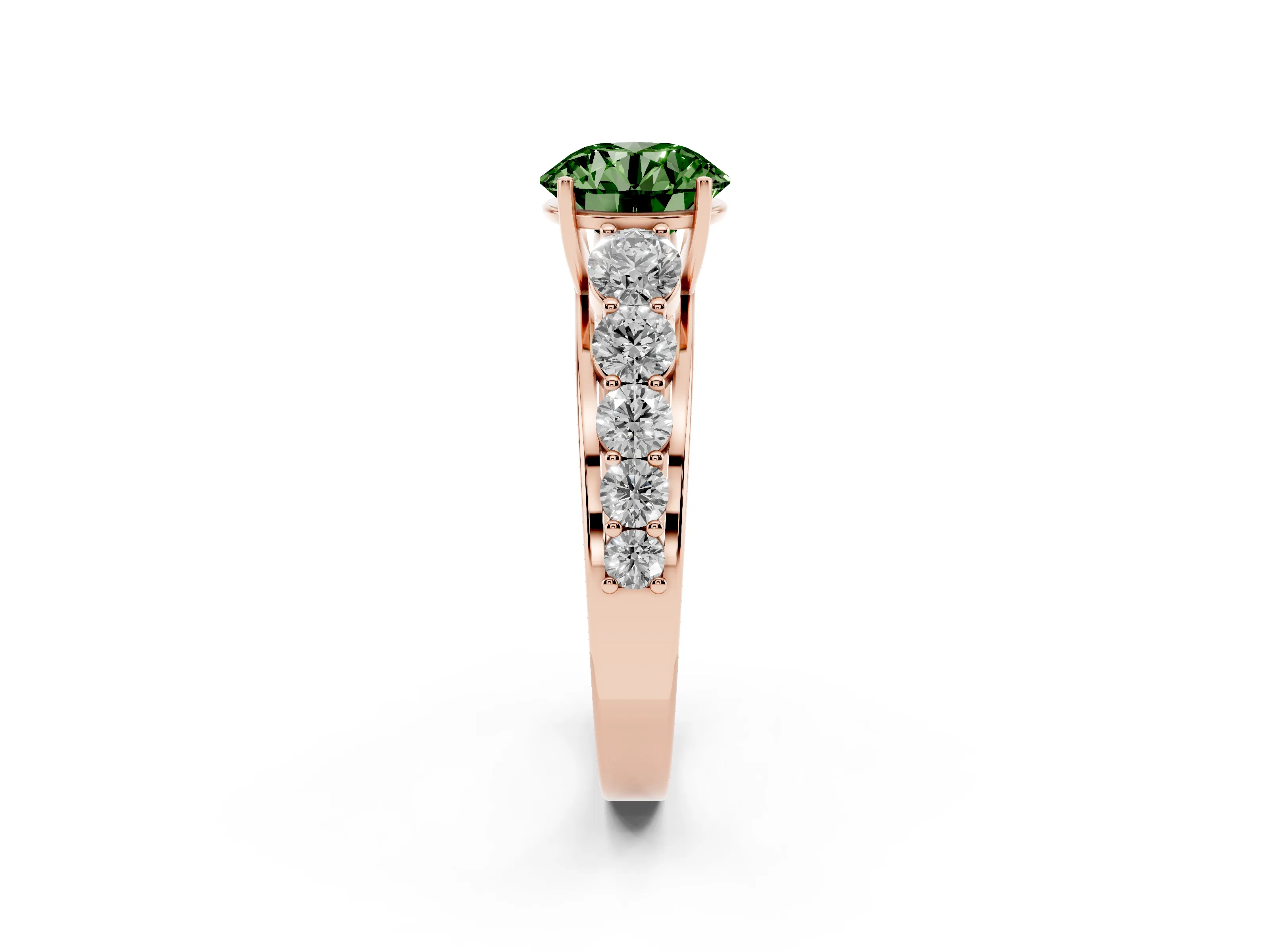 Fancy Green Round Cut Diamond Solitaire Ring Set in Rose gold with Pavé-Set Band and Prong Setting