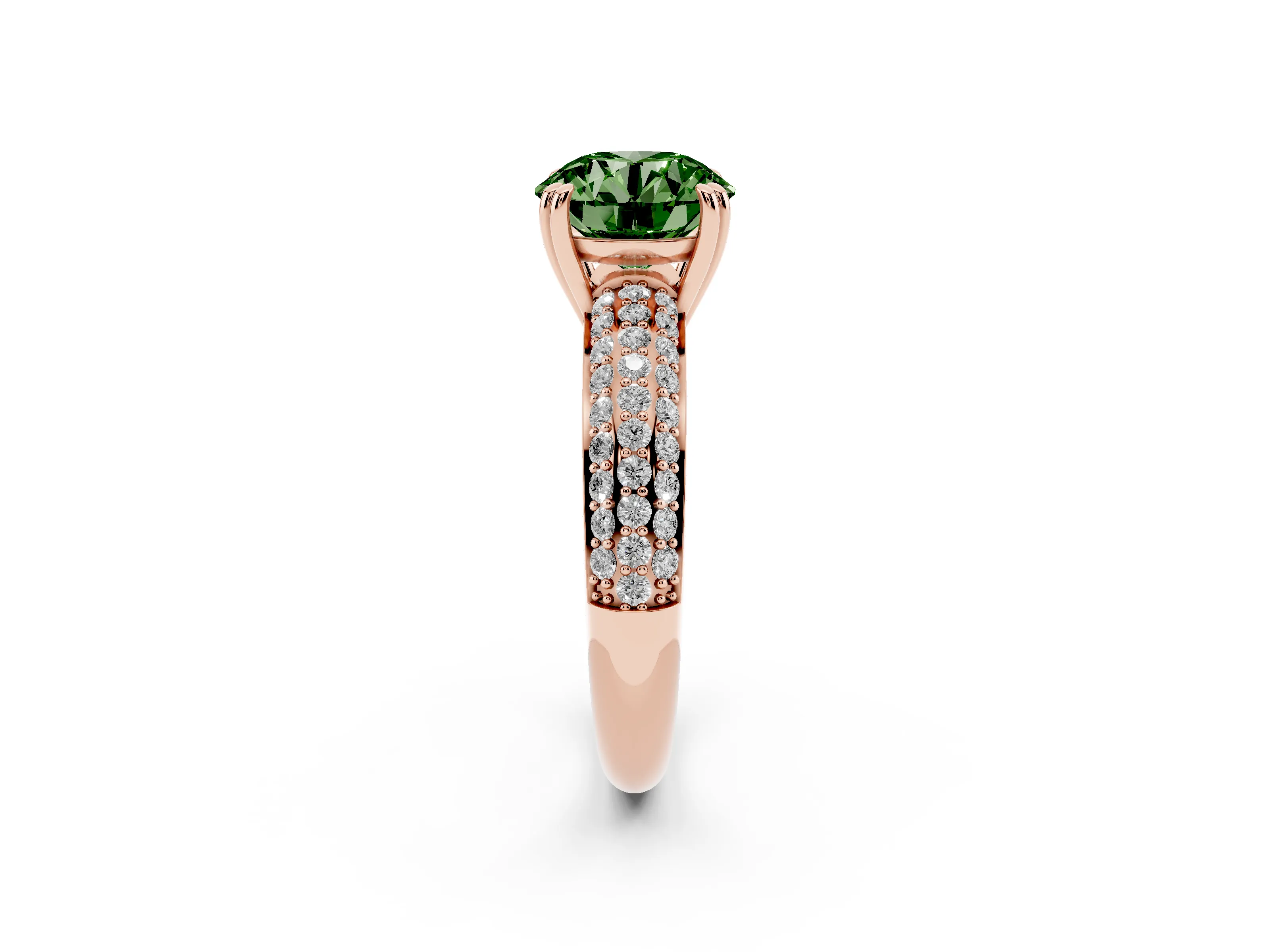 Fancy Green Round Cut Diamond Solitaire Ring Set in Rose gold with Multi-Row Round Pavé Band and Prong Setting