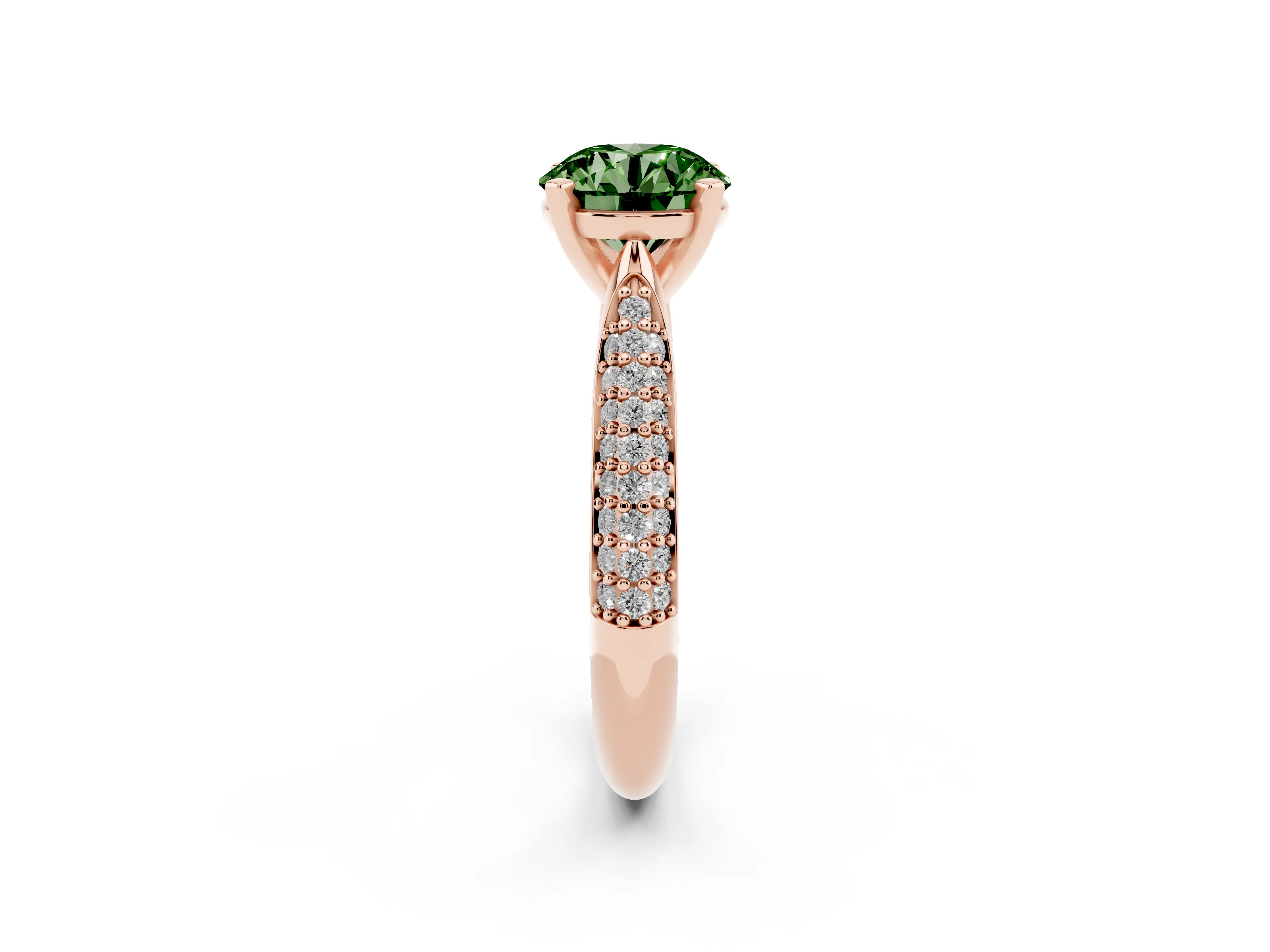 Fancy Green Round Cut Diamond Solitaire Engagement Ring Set in Rose gold with Multi-Row Round Pavé Band and Prong Setting