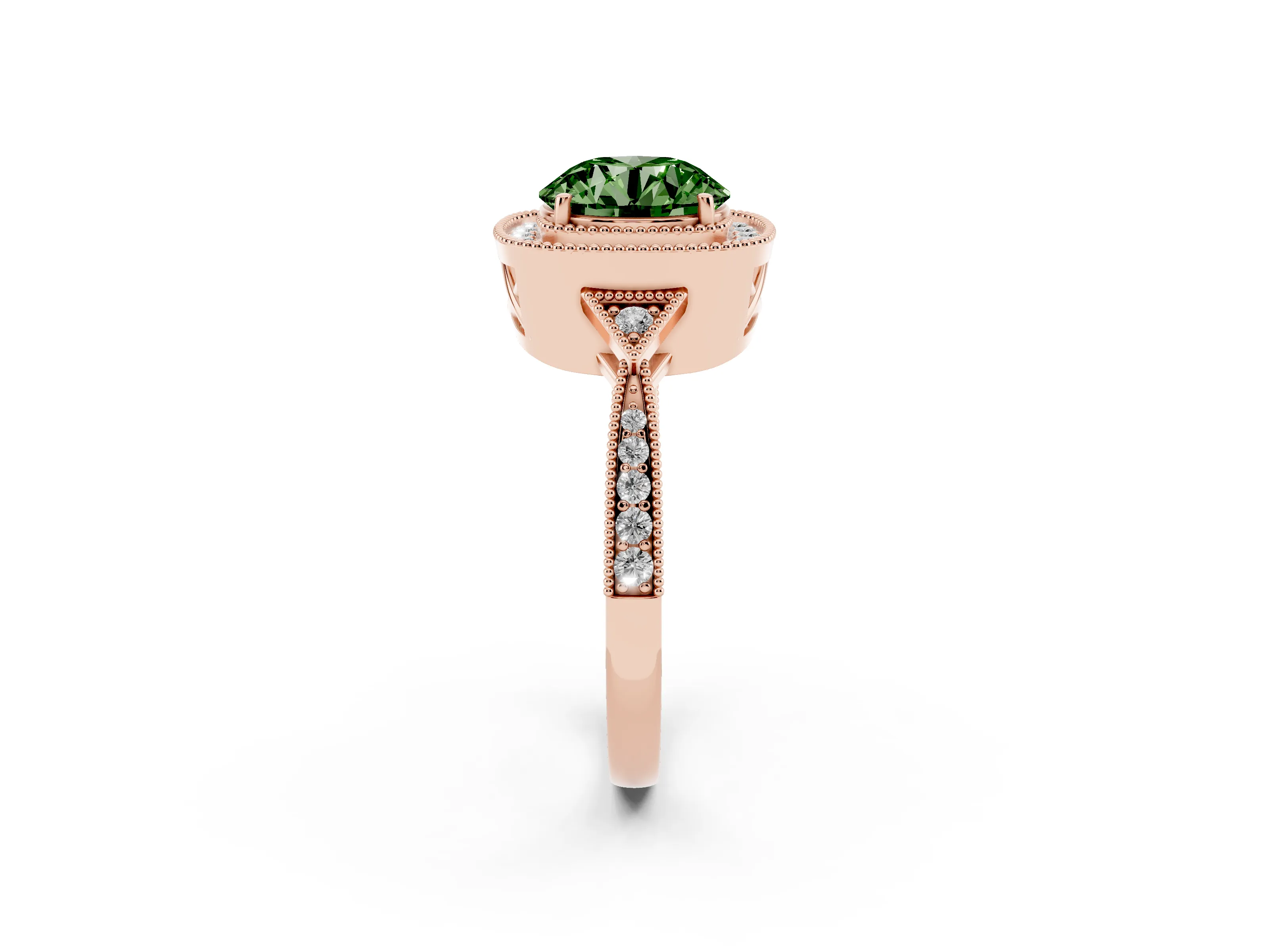 Fancy Green Round Cut Diamond Halo Engagement Ring Set in Rose gold with Milgrain Pavé Band