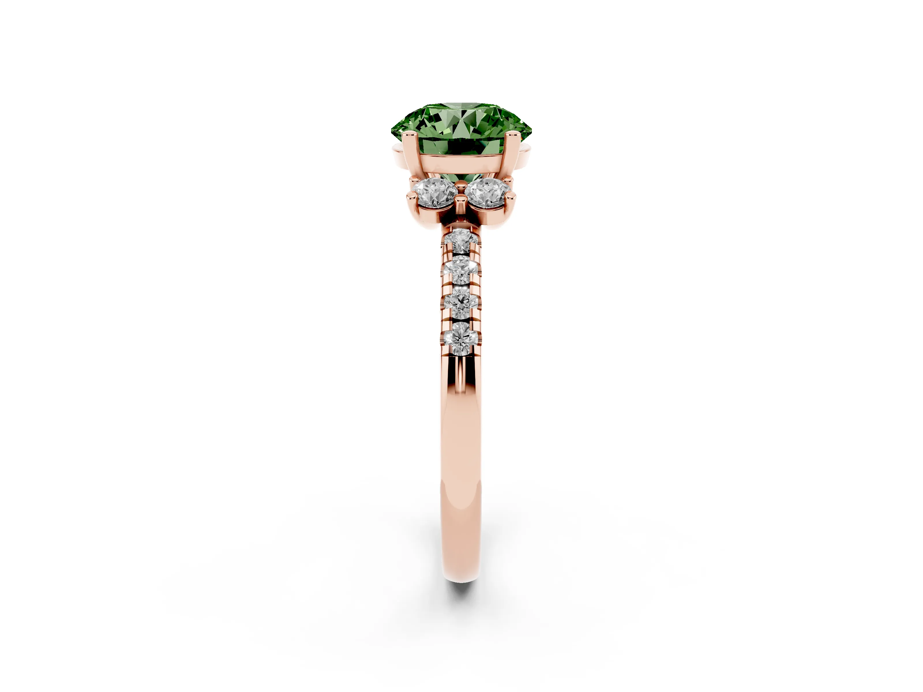 Fancy Green Round Cut Diamond Three-Stone Pavé Ring Set in Rose gold with Prong Setting