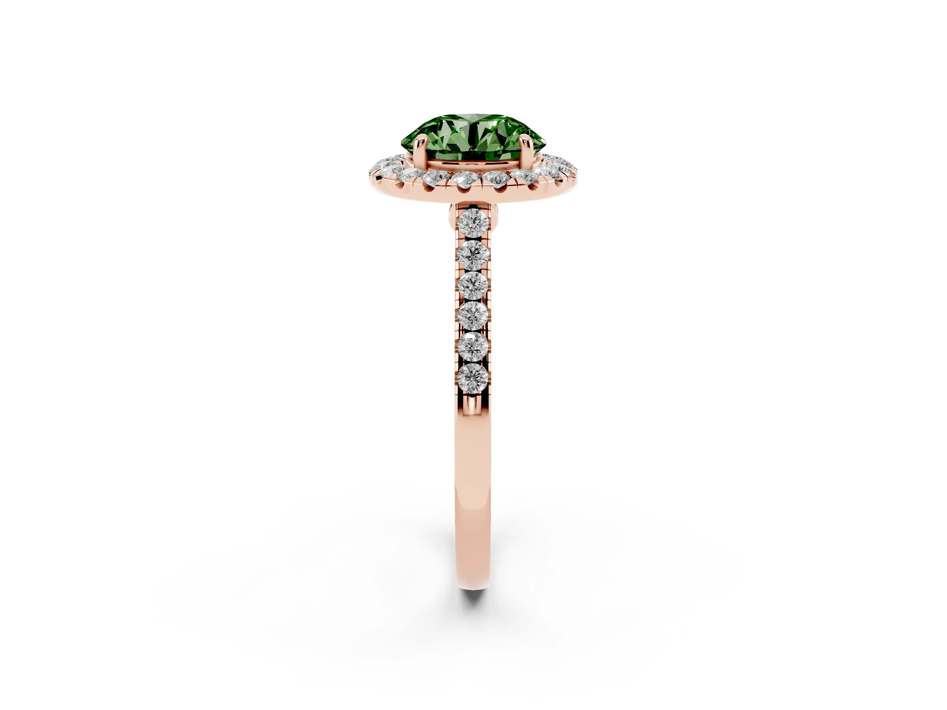 Fancy Green Round Cut Diamond Halo Pavé Engagement Ring Set in Rose gold with Prong Setting