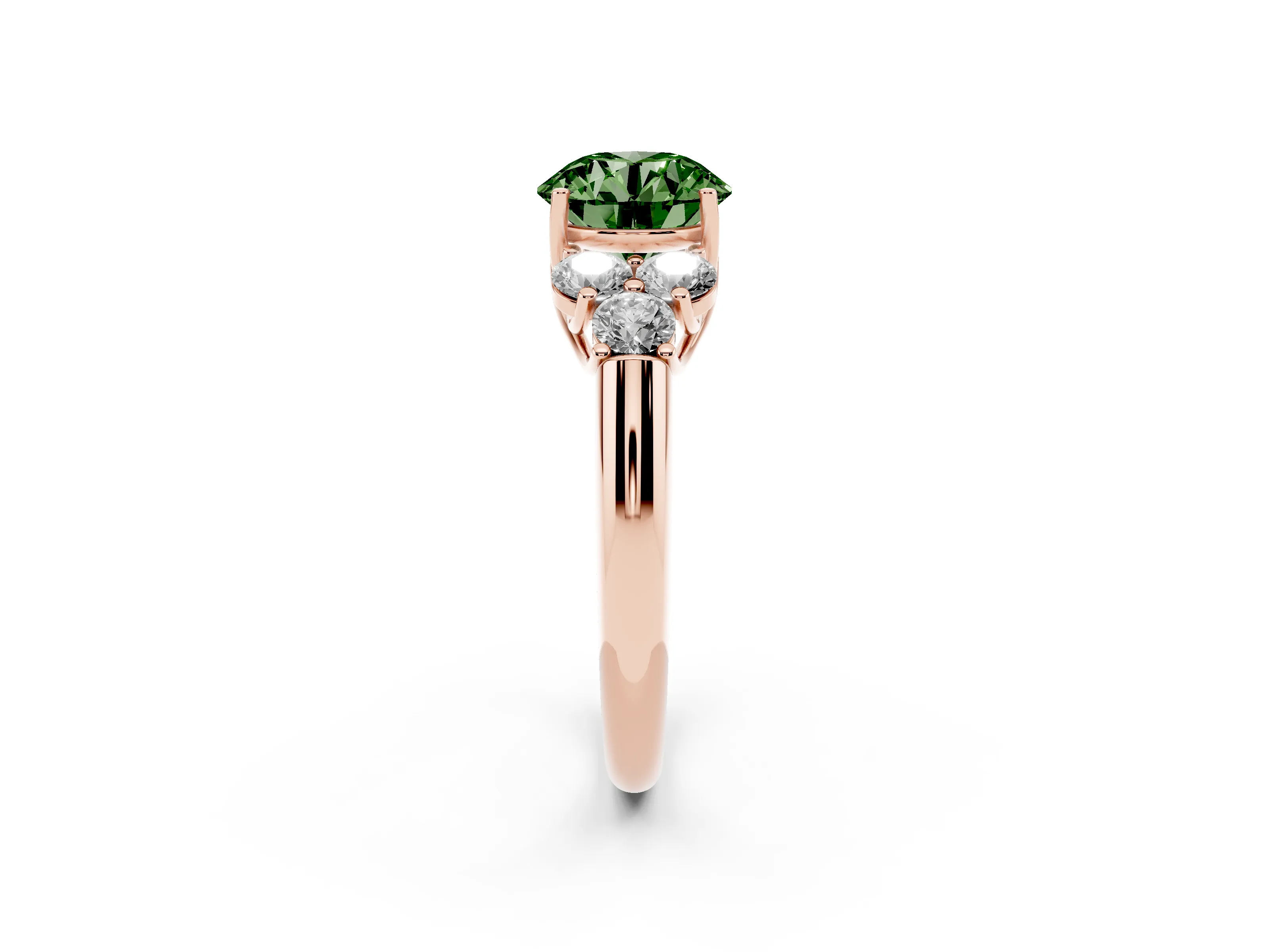 Fancy Green Round Cut Diamond Cluster Ring Set in Rose gold with Round Accent Stones and Prong Setting on a Plain Band