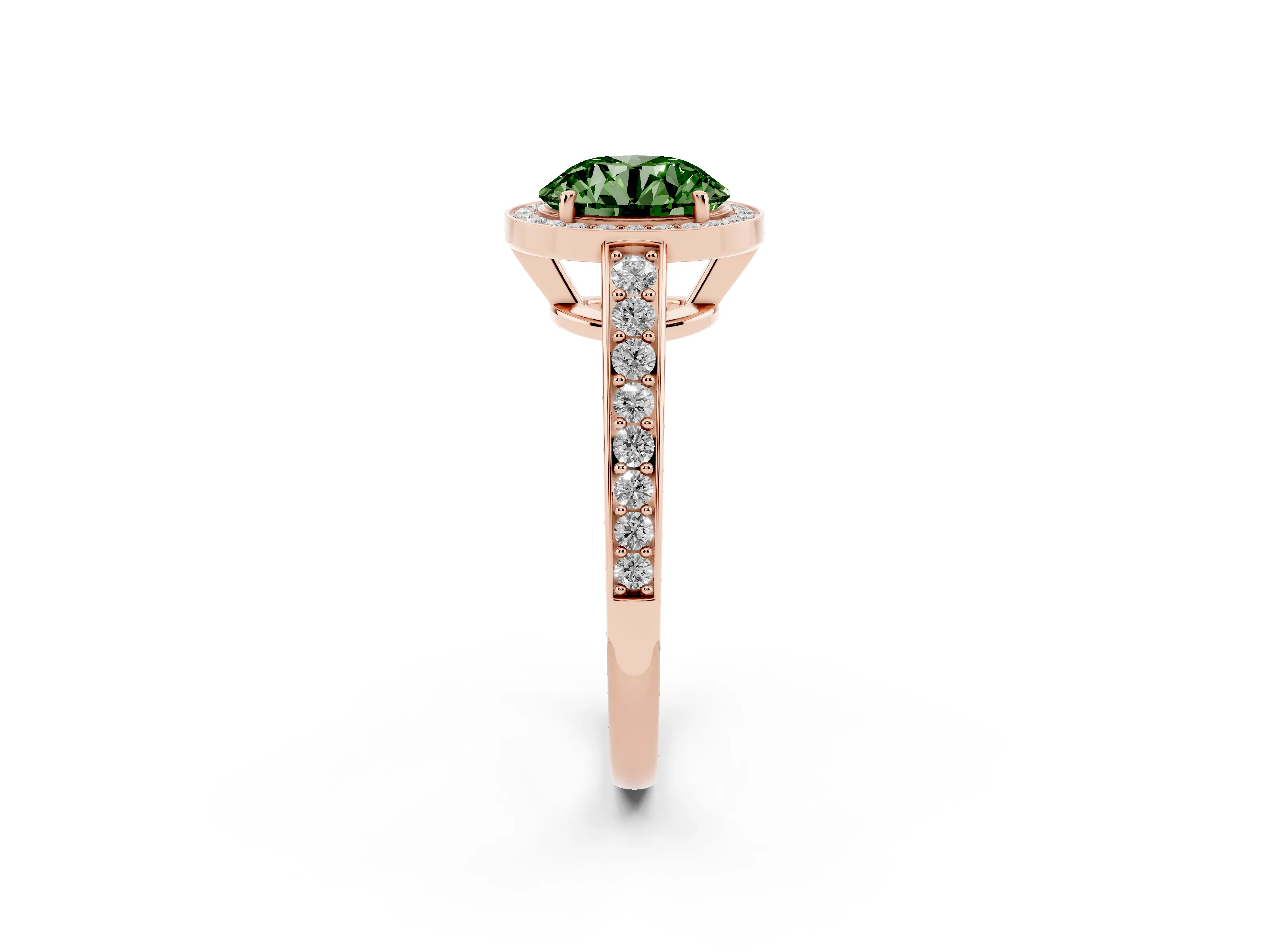 Fancy Green Round Cut Diamond Halo Pavé Engagement Ring Set in Rose gold with Bezel Setting