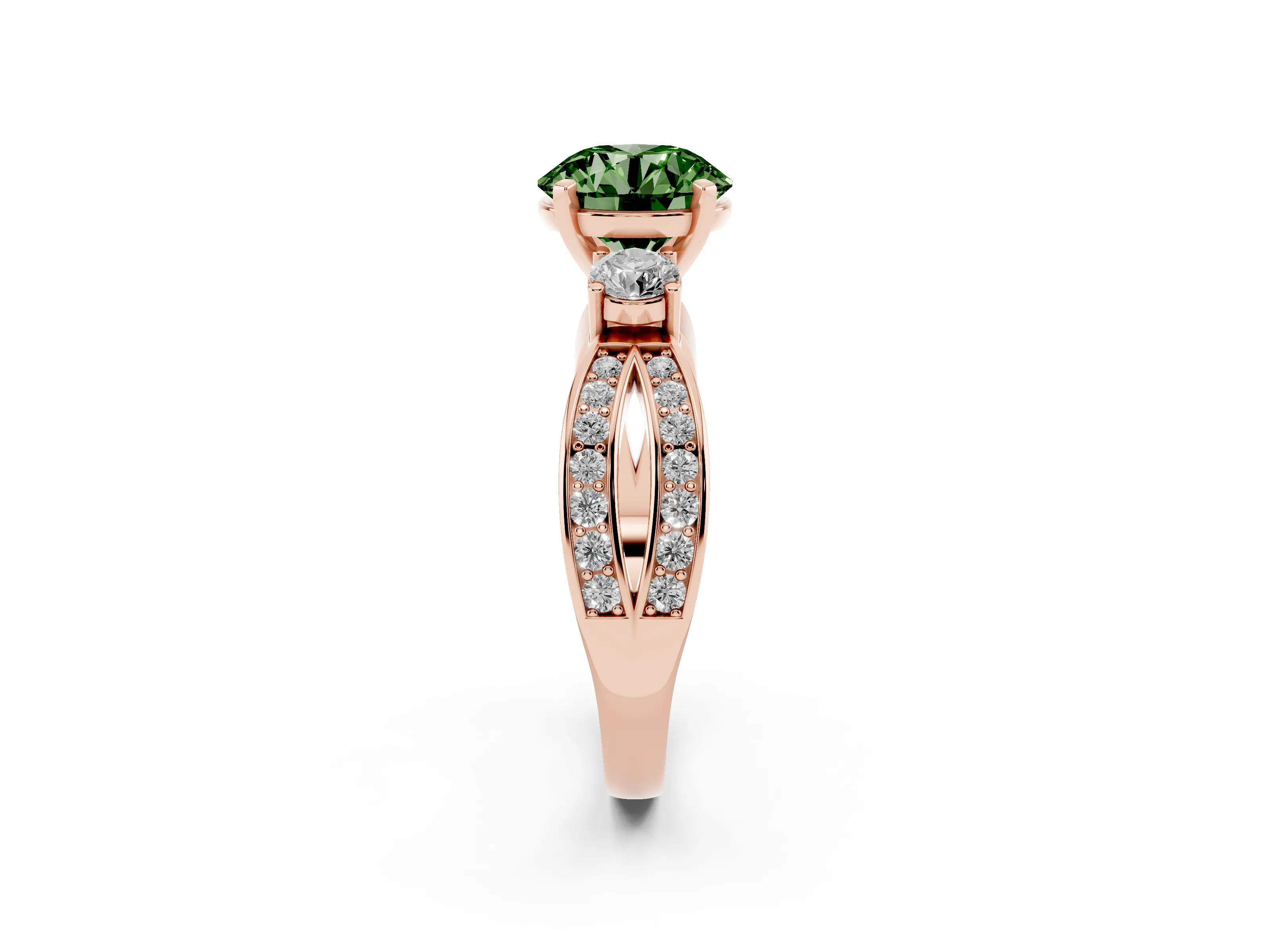 Fancy Green Three-Stone Round Cut Diamond Twist Band Ring Set in Rose gold with Pavé Accents and Prong Setting