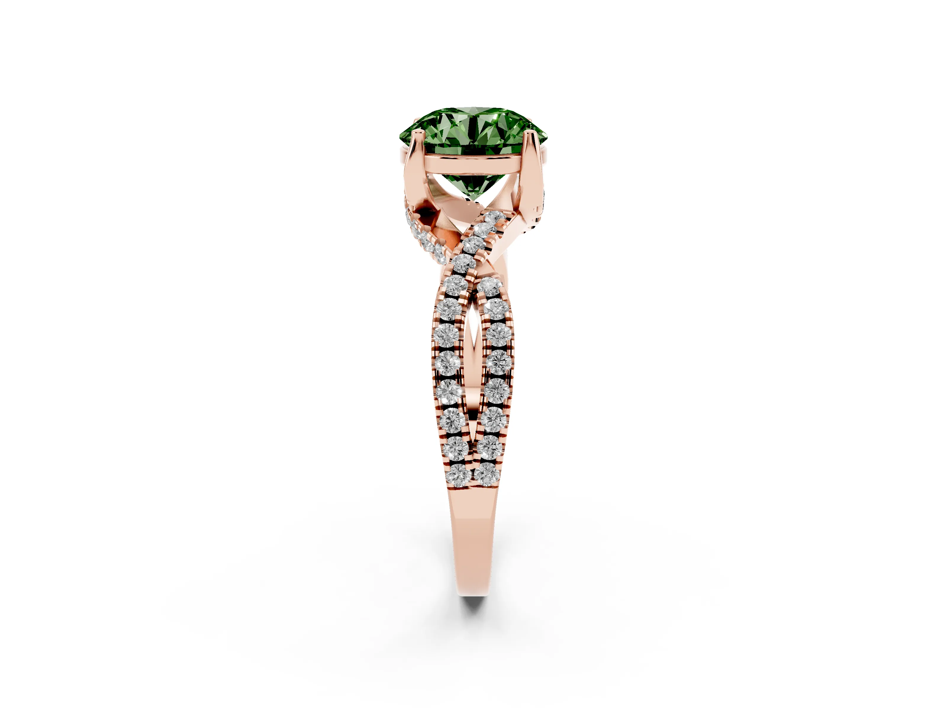 Fancy Green Round Cut Diamond Twist Pavé Solitaire Engagement Ring Set in Rose gold with Prong Setting