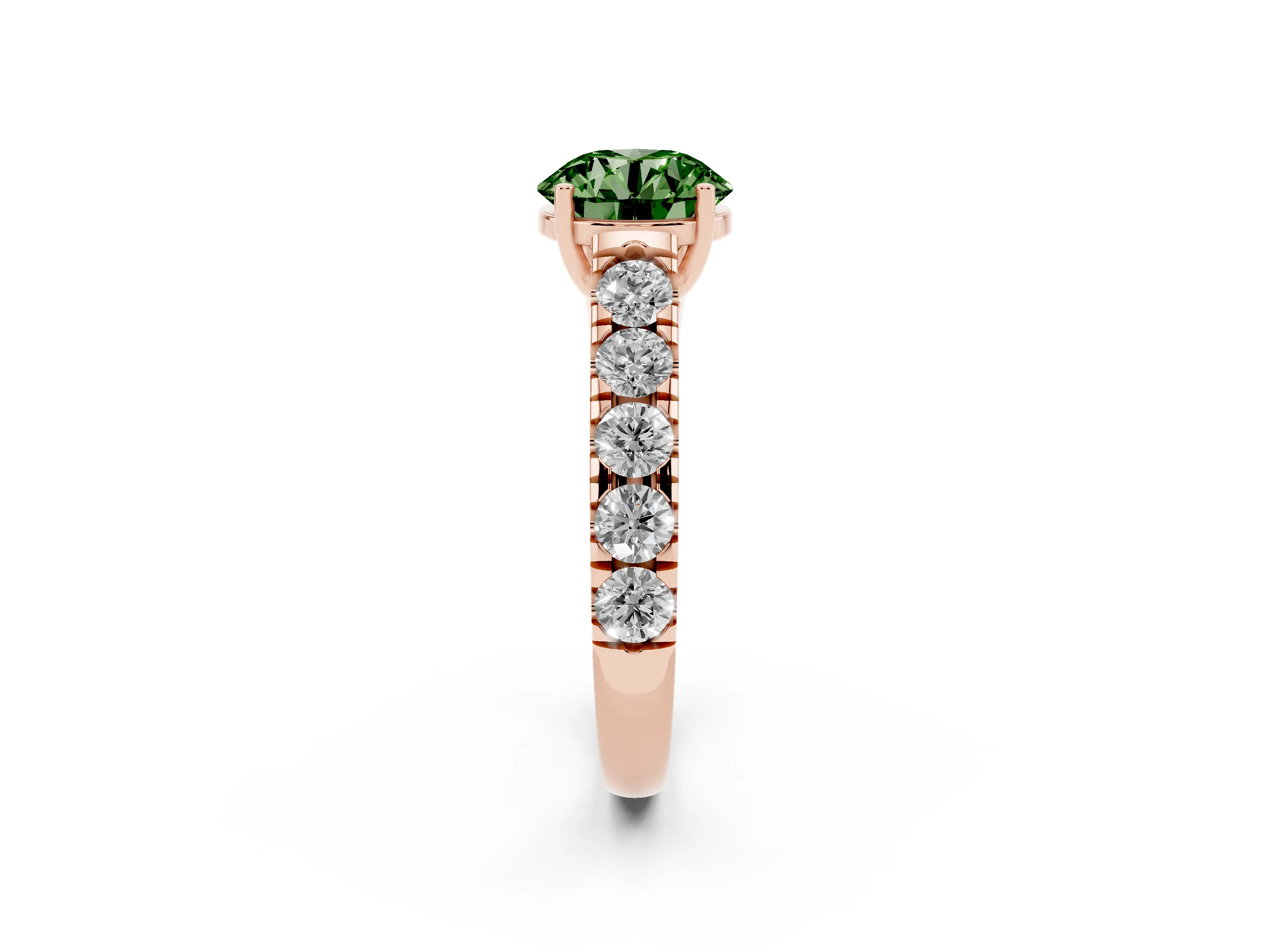 Fancy Green Round Cut Diamond Solitaire Ring Set in Rose gold with Cut-Down Micro Pavé Band and Prong Setting