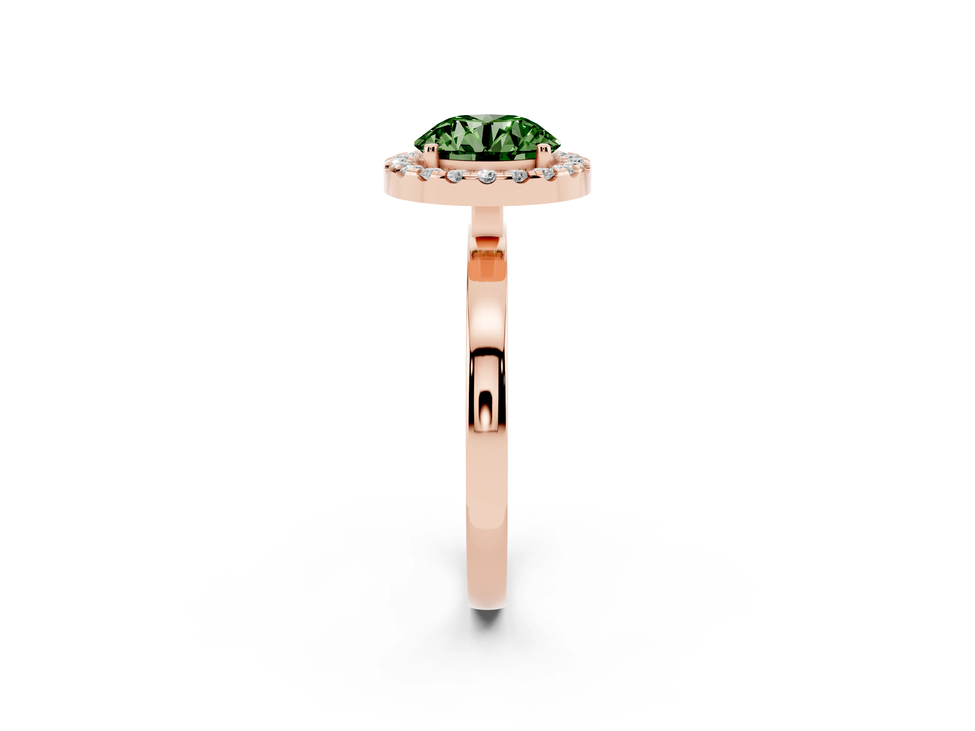 Fancy Green Round Cut Diamond Halo Solitaire Ring Set in Rose gold with Pavé Band and Prong Setting