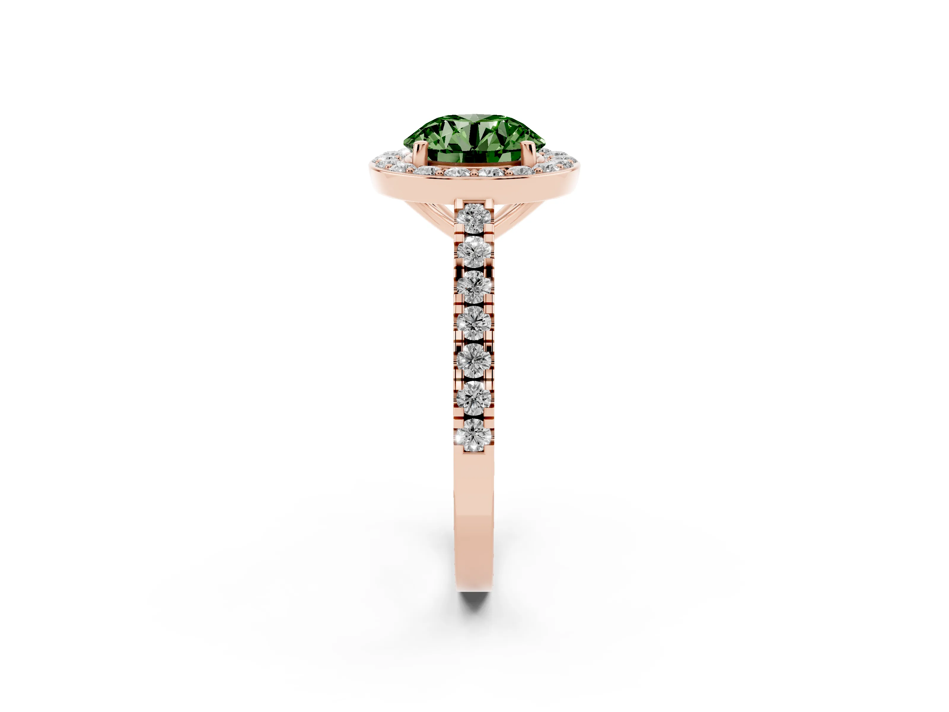 Fancy Green Round Cut Diamond Halo Ring Set in Rose gold with Round Pavé Split Shank and Prong Setting