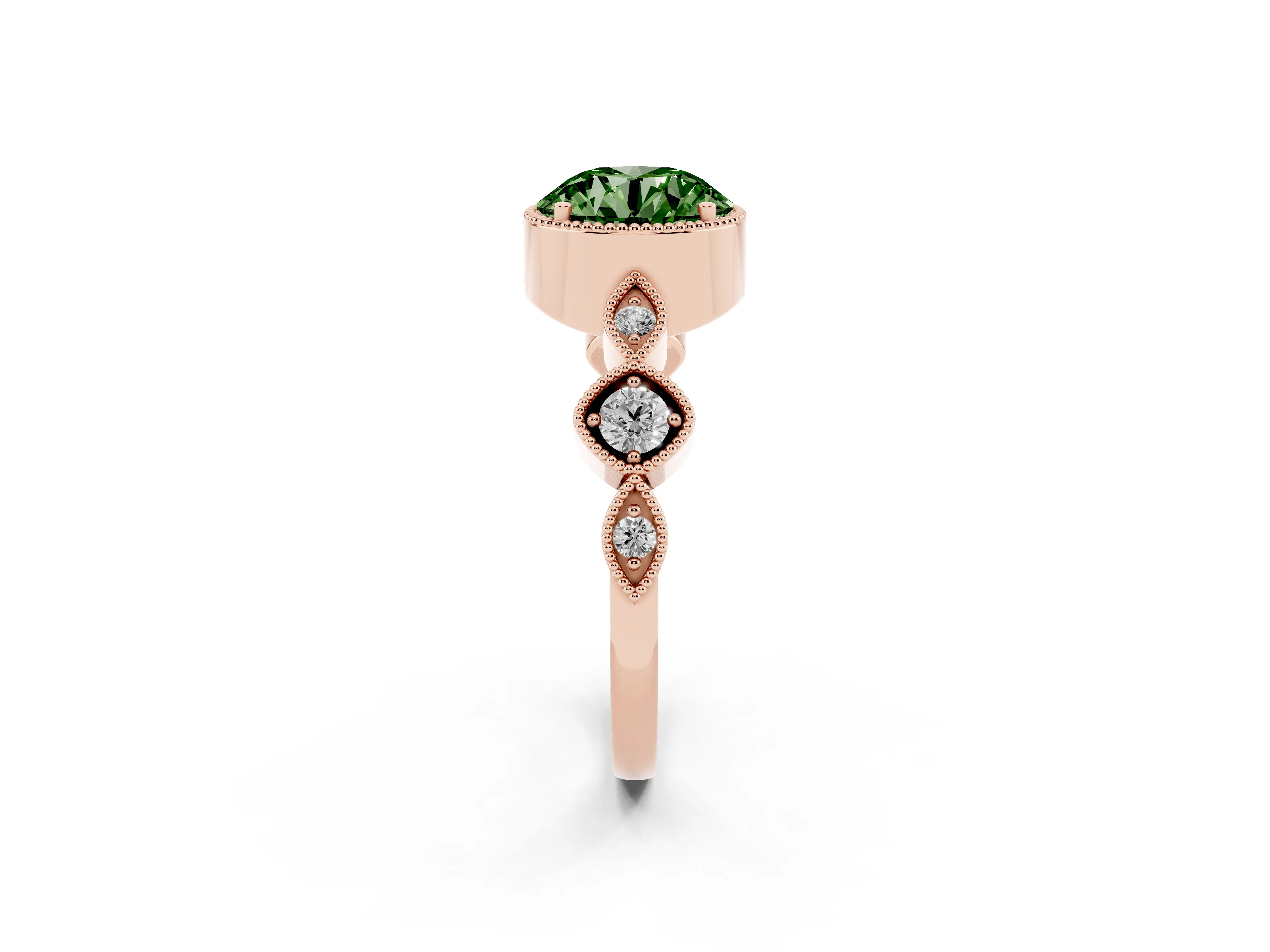 Fancy Green Round Cut Diamond Vintage-Inspired Milgrain Ring Set in Rose gold with Marquise Stations of Round Accents