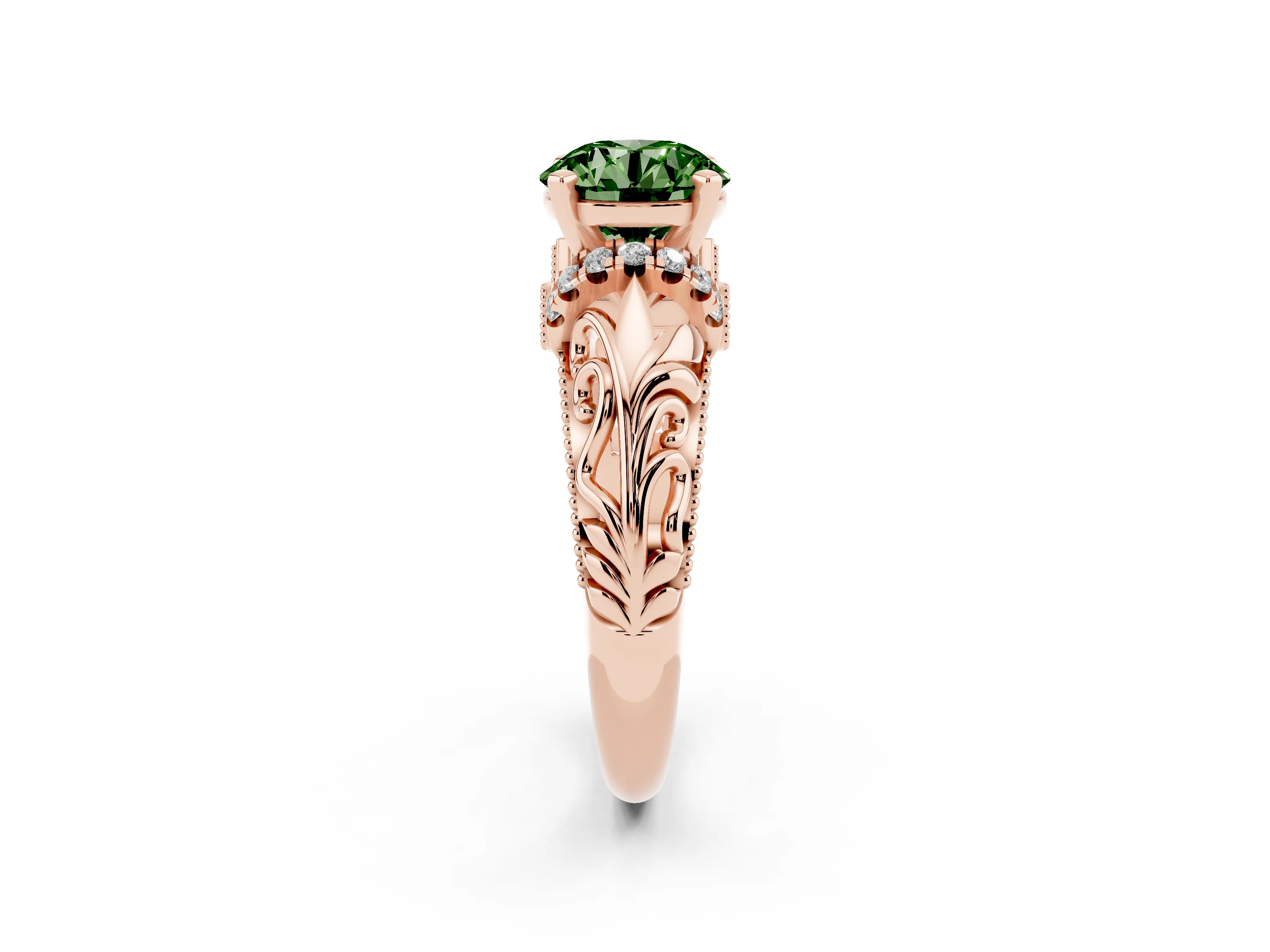 Fancy Green Round Cut Diamond Filigree Halo Engagement Ring Set in Rose gold with Prong Setting