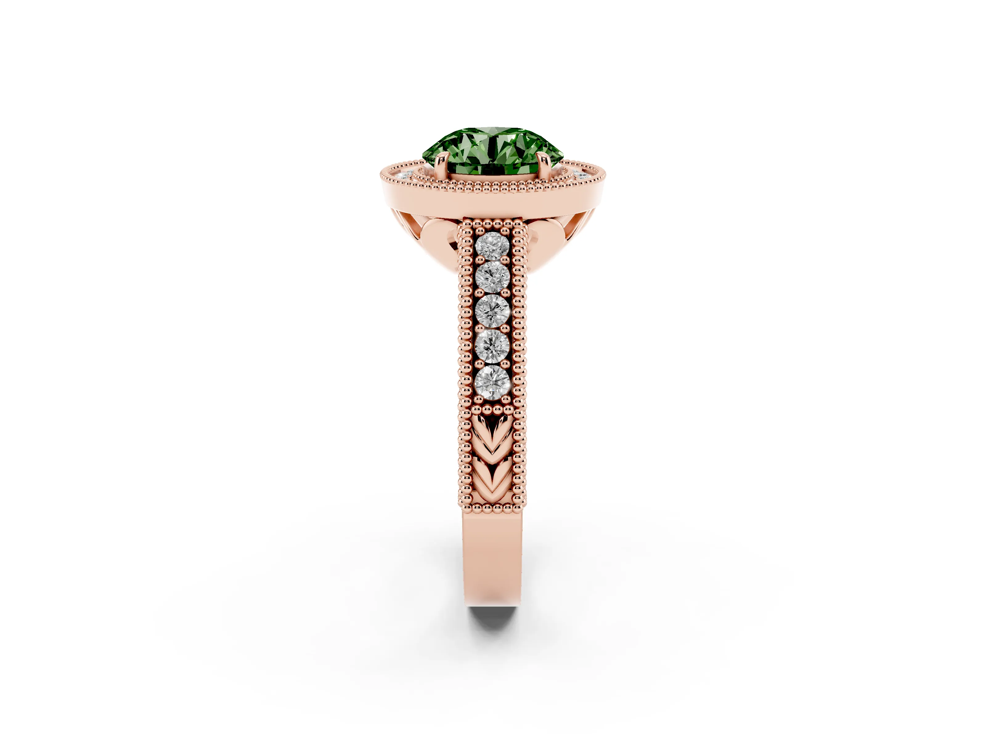 Fancy Green Round Cut Diamond Halo Ring Set in Rose gold with Round Accent Halo, Pavé Band and Prong Setting