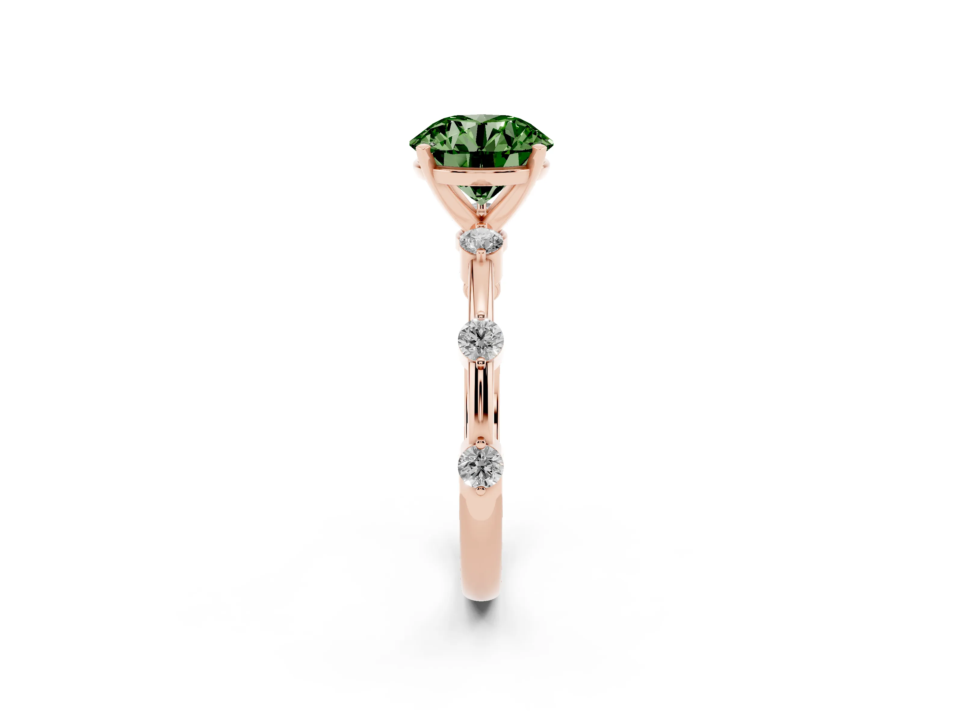 Fancy Green Round Cut Diamond Solitaire Ring Set in Rose gold with Bezel Set Side Stones and Prong Setting