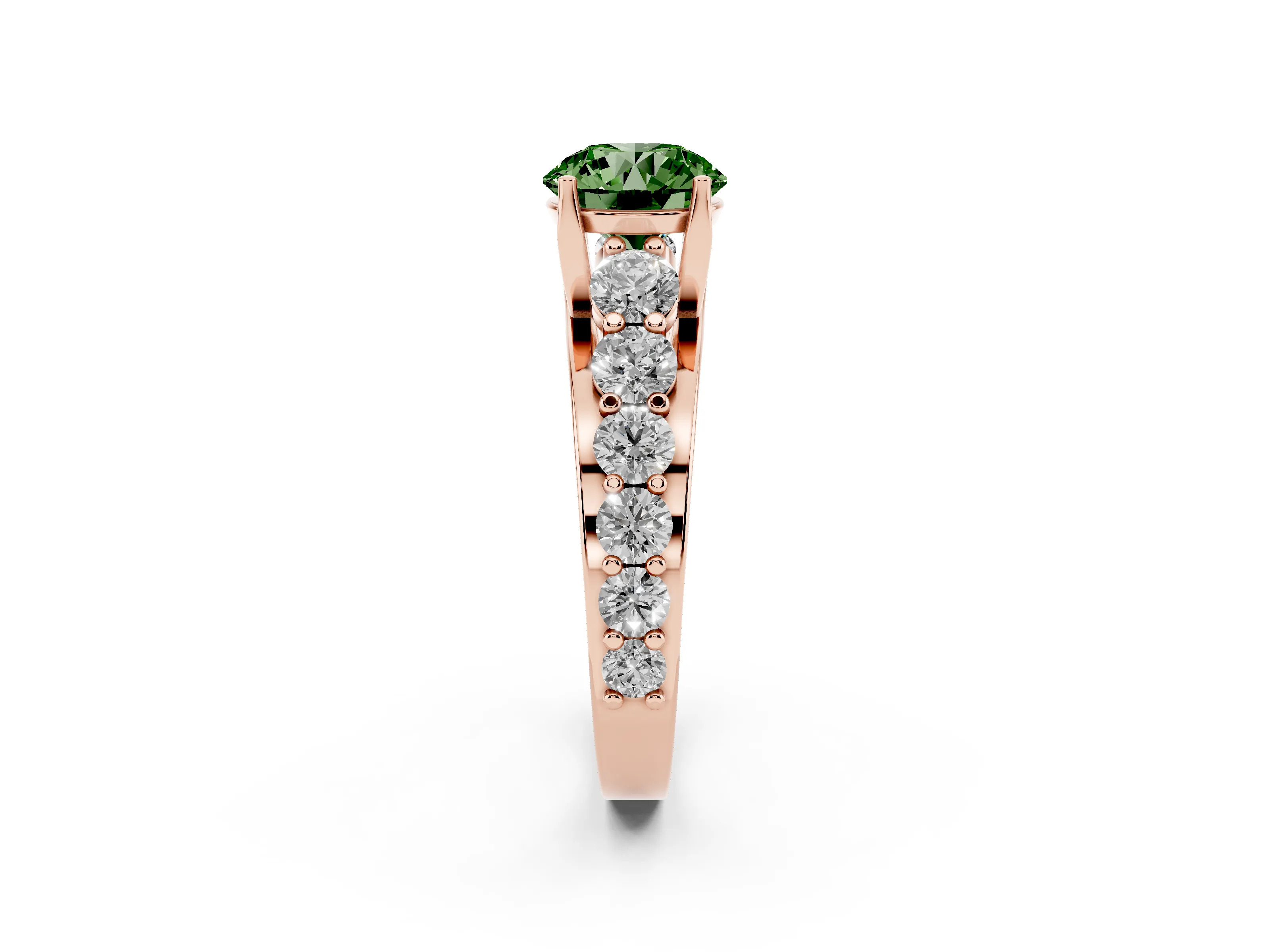 Fancy Green Round Cut Diamond Pavé Engagement Ring Set in Rose gold with Prong Setting