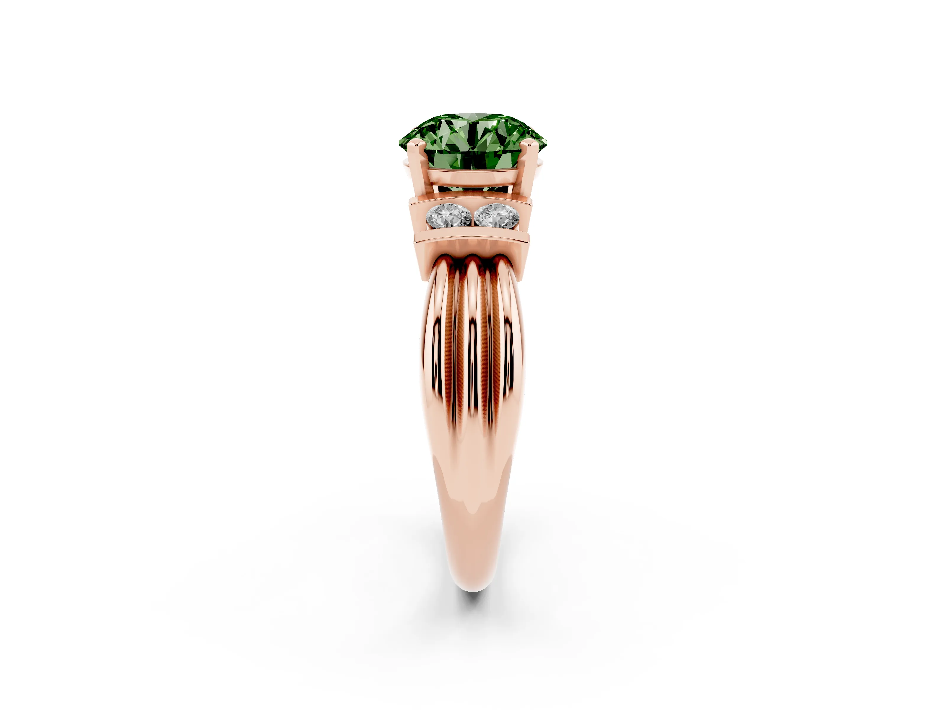 Fancy Green Three-Stone Round Cut Diamond Channel Set Ring Set in Rose gold with Bar Prongs
