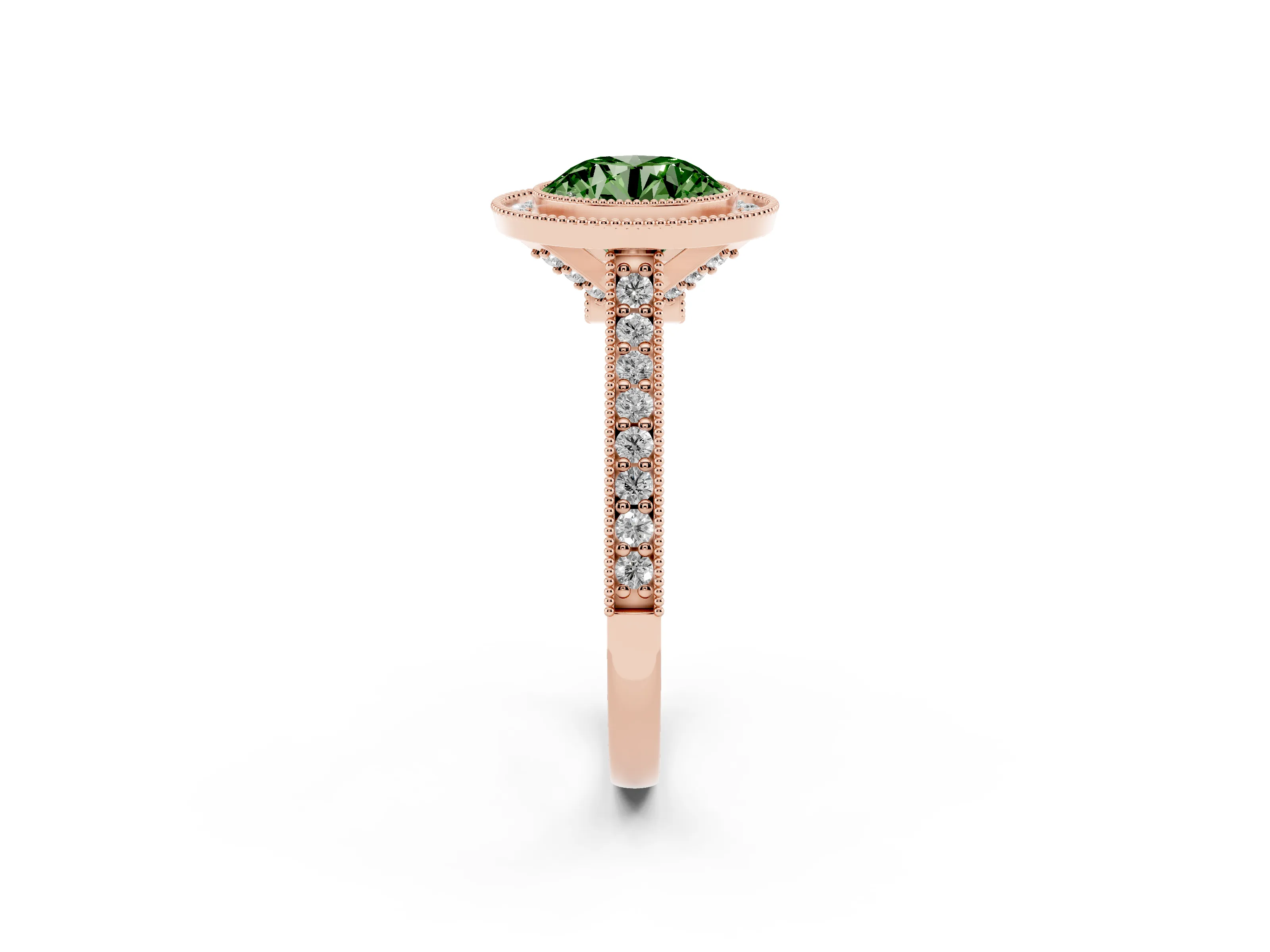 Fancy Green Round Cut Diamond Halo Milgrain Pavé Band Ring Set in Rose gold with Prong Setting