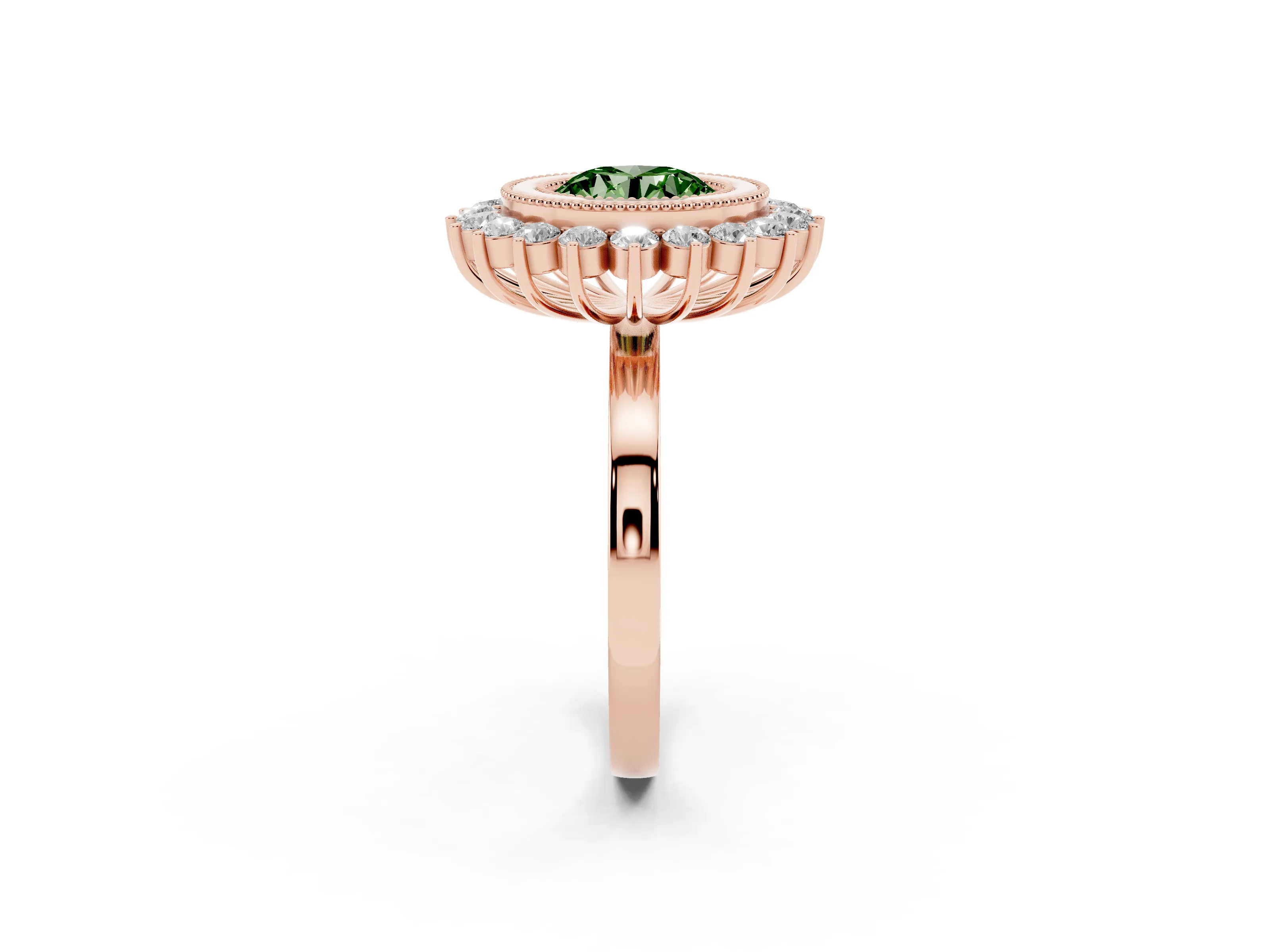 Fancy Green Round Cut Diamond Halo Ring Set in Rose gold with Milgrain Edge and Round Prong Setting