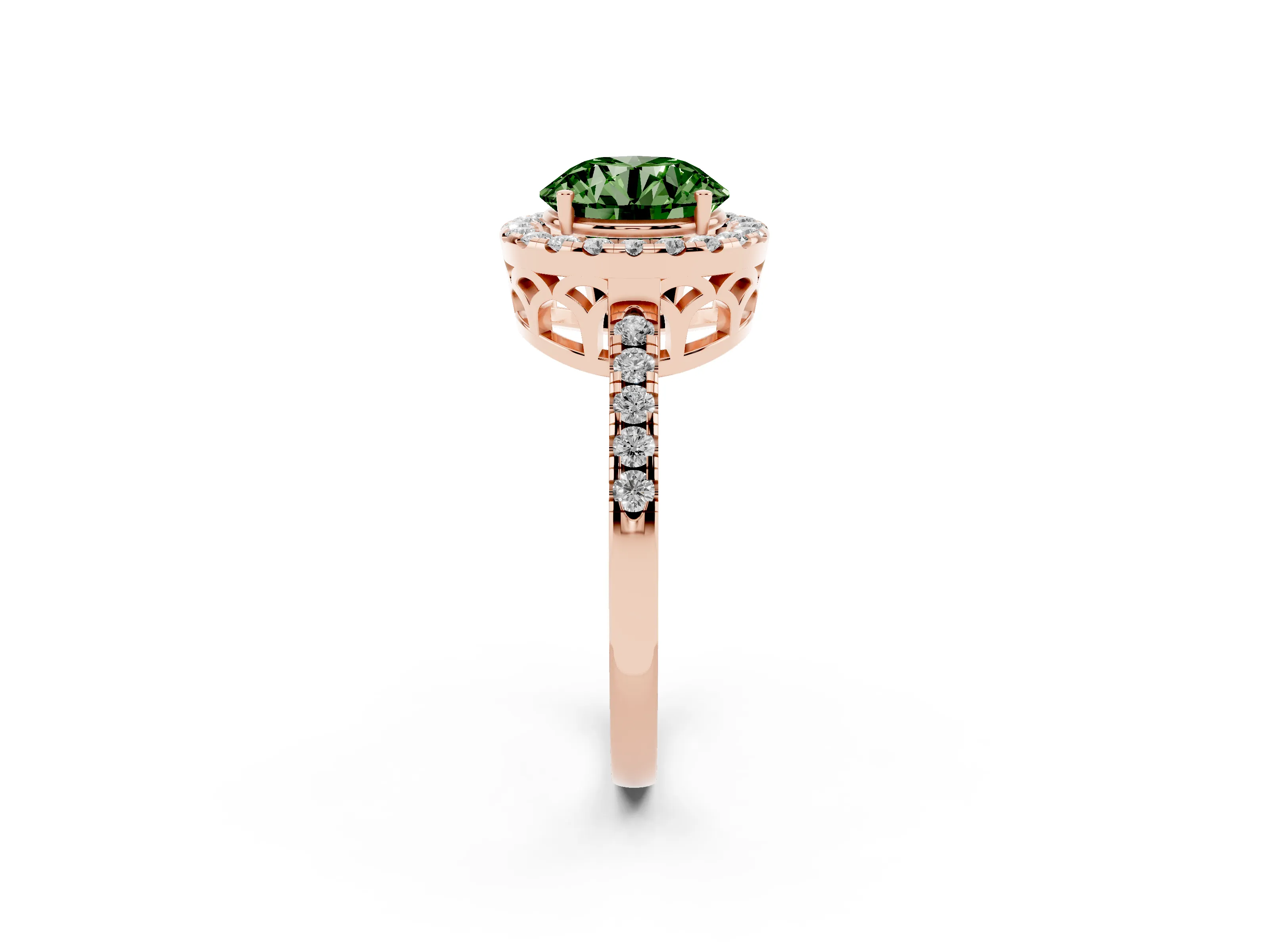 Fancy Green Round Cut Diamond Pavé Band Halo Engagement Ring Set in Rose gold with Prong Setting