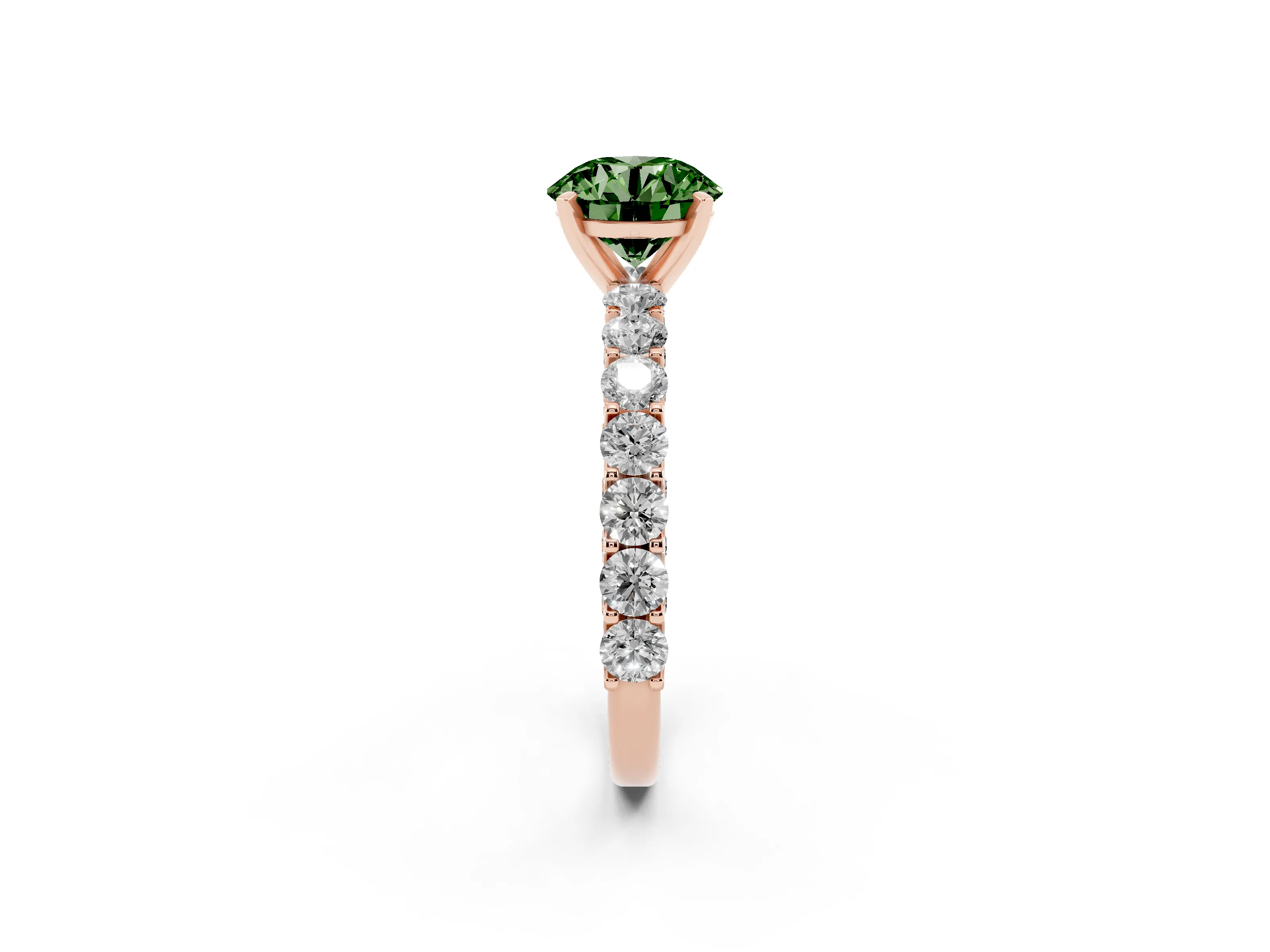 Fancy Green Round Cut Diamond Solitaire Ring Set in Rose gold with Shared Prong Pavé Band