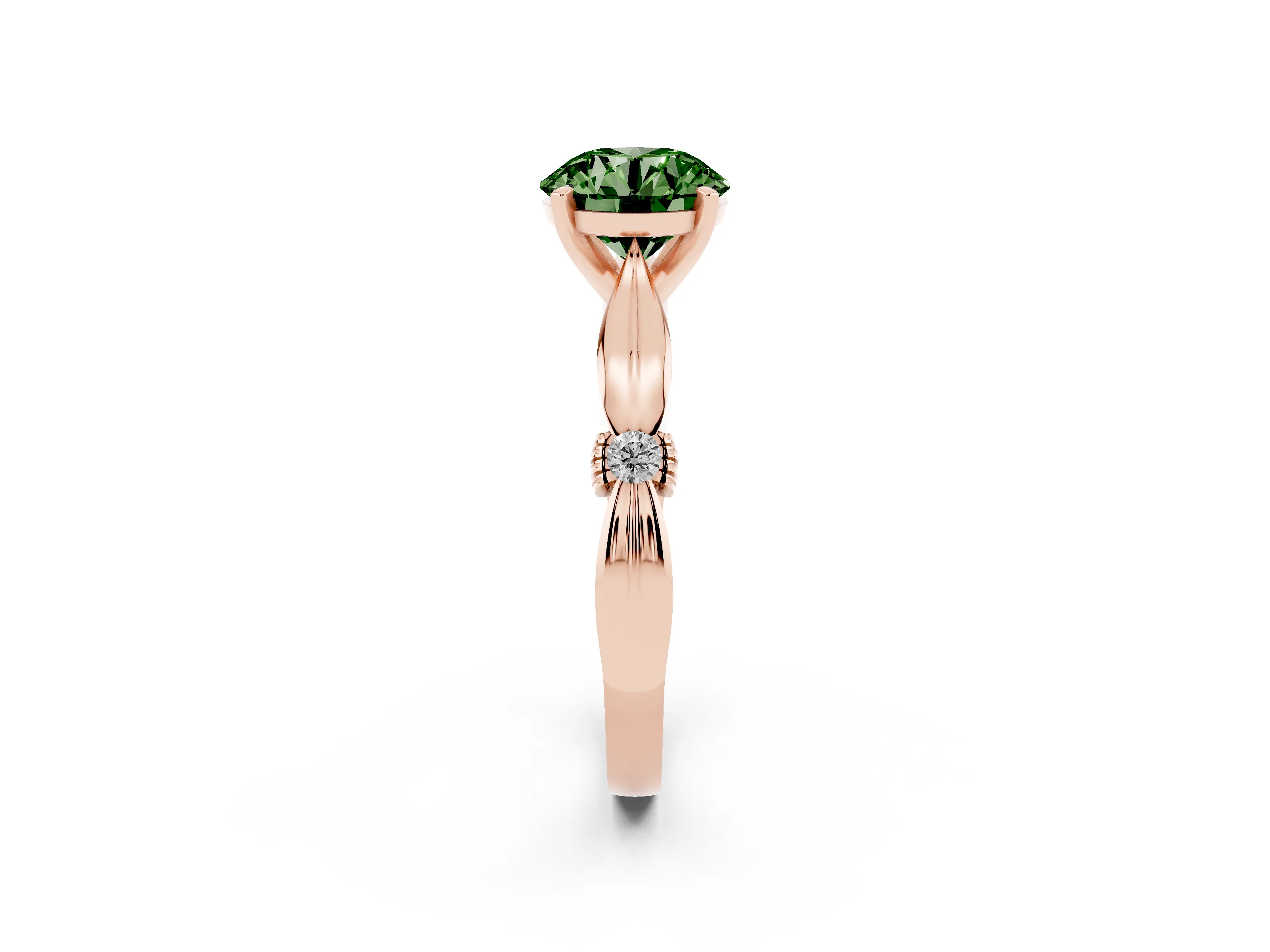 Fancy Green Round Cut Diamond Solitaire Twisted Band Ring Set in Rose gold with Accent Stones and Prong Setting