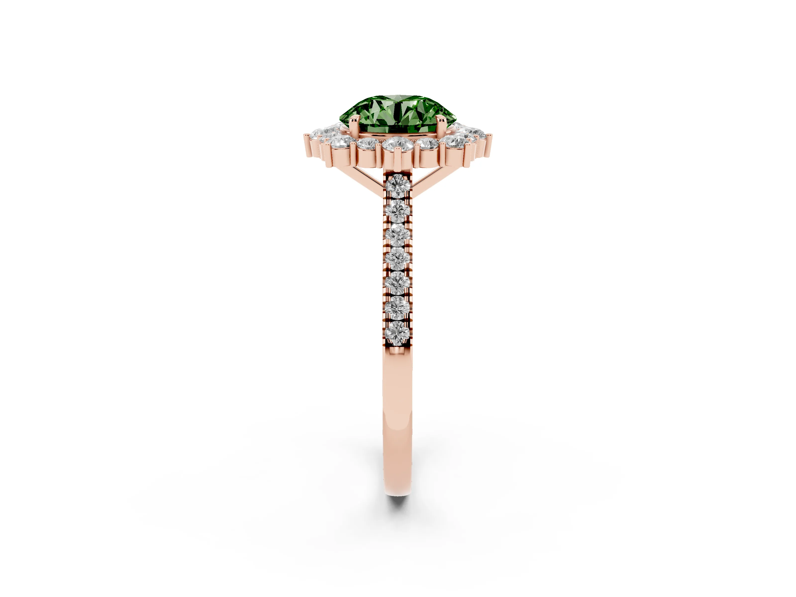 Fancy Green Round Cut Diamond Halo Ring Set in Rose gold with Pavé Band and Prong Setting