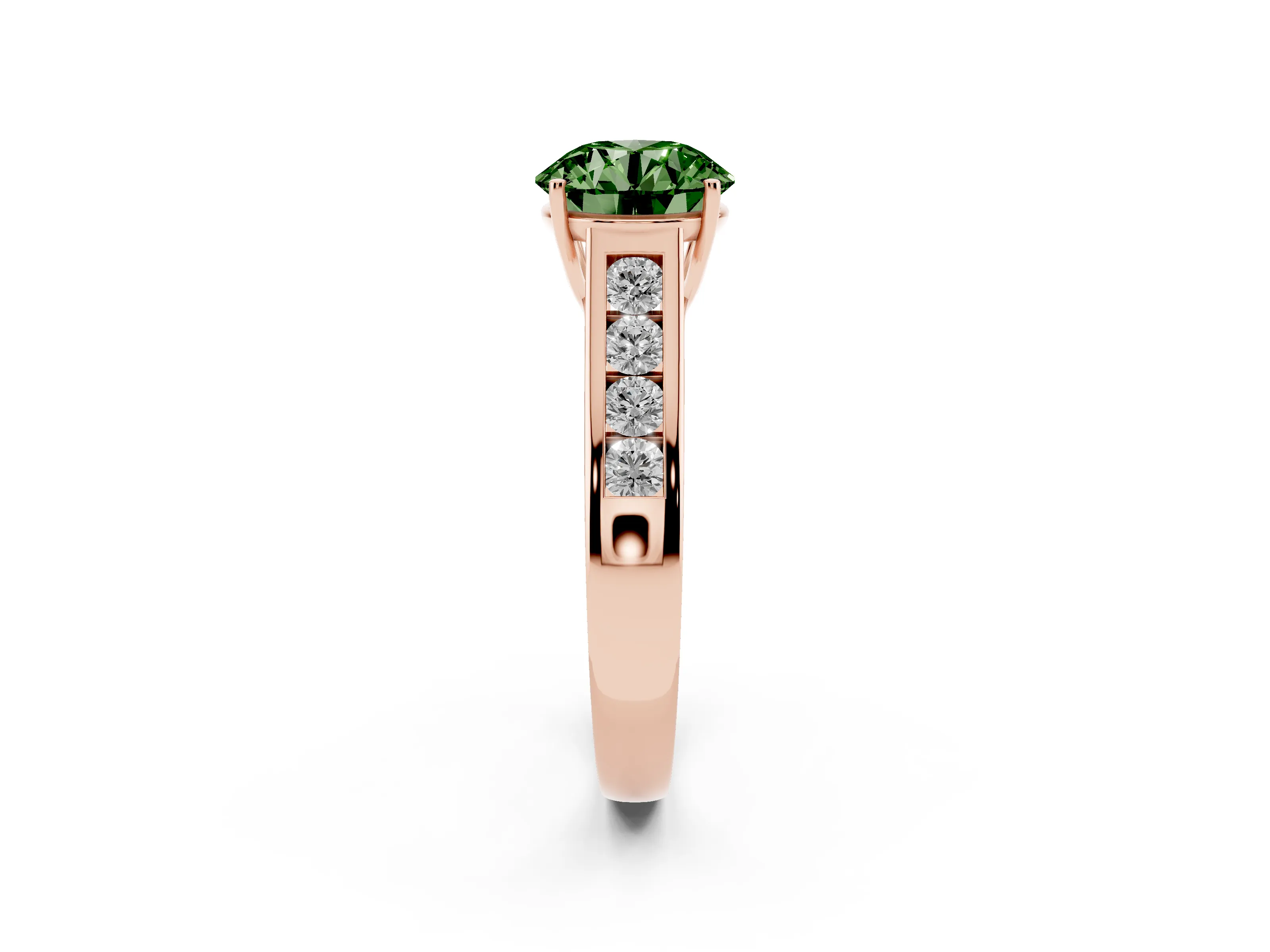 Fancy Green Round Cut Diamond Solitaire Channel-Set Engagement Ring Set in Rose gold with Prong Setting