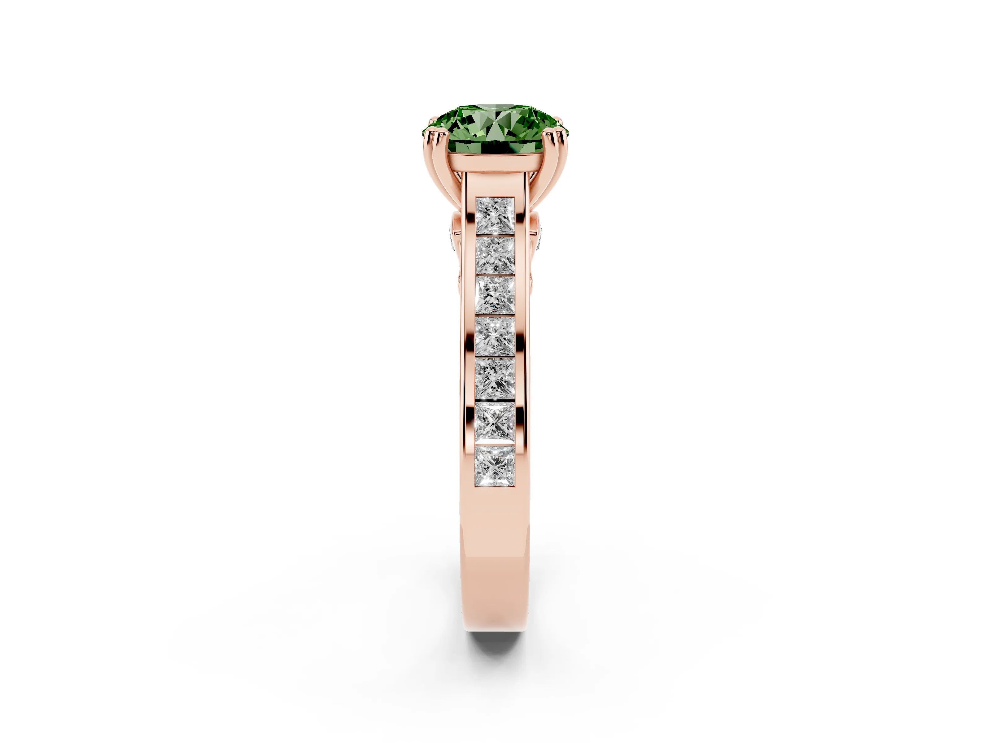 Fancy Green Round Cut Diamond Channel Set Solitaire Engagement Ring Set in Rose gold with Prong Setting