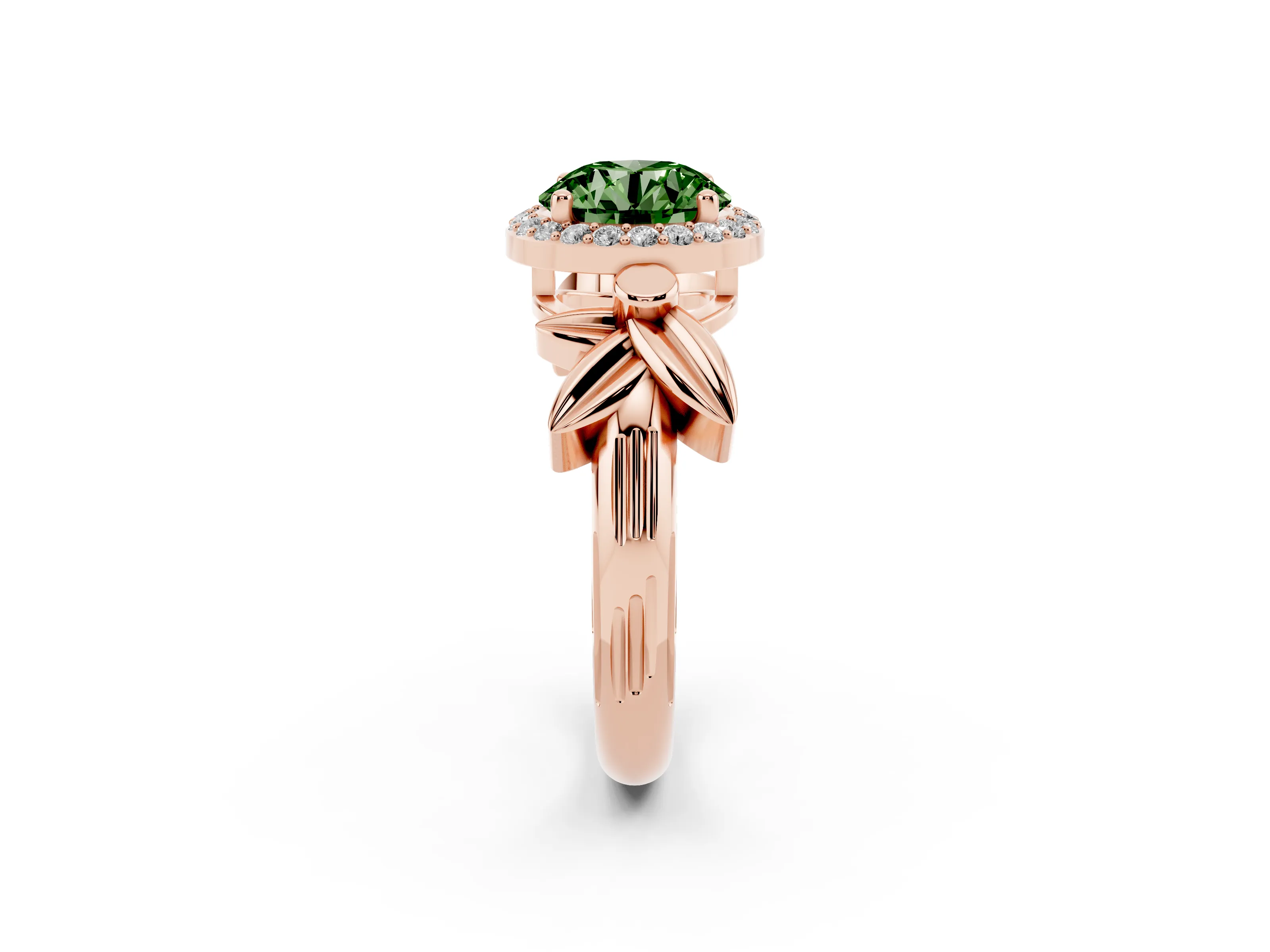 Fancy Green Round Cut Diamond Halo Floral Band Ring Set in Rose gold with Prong Setting