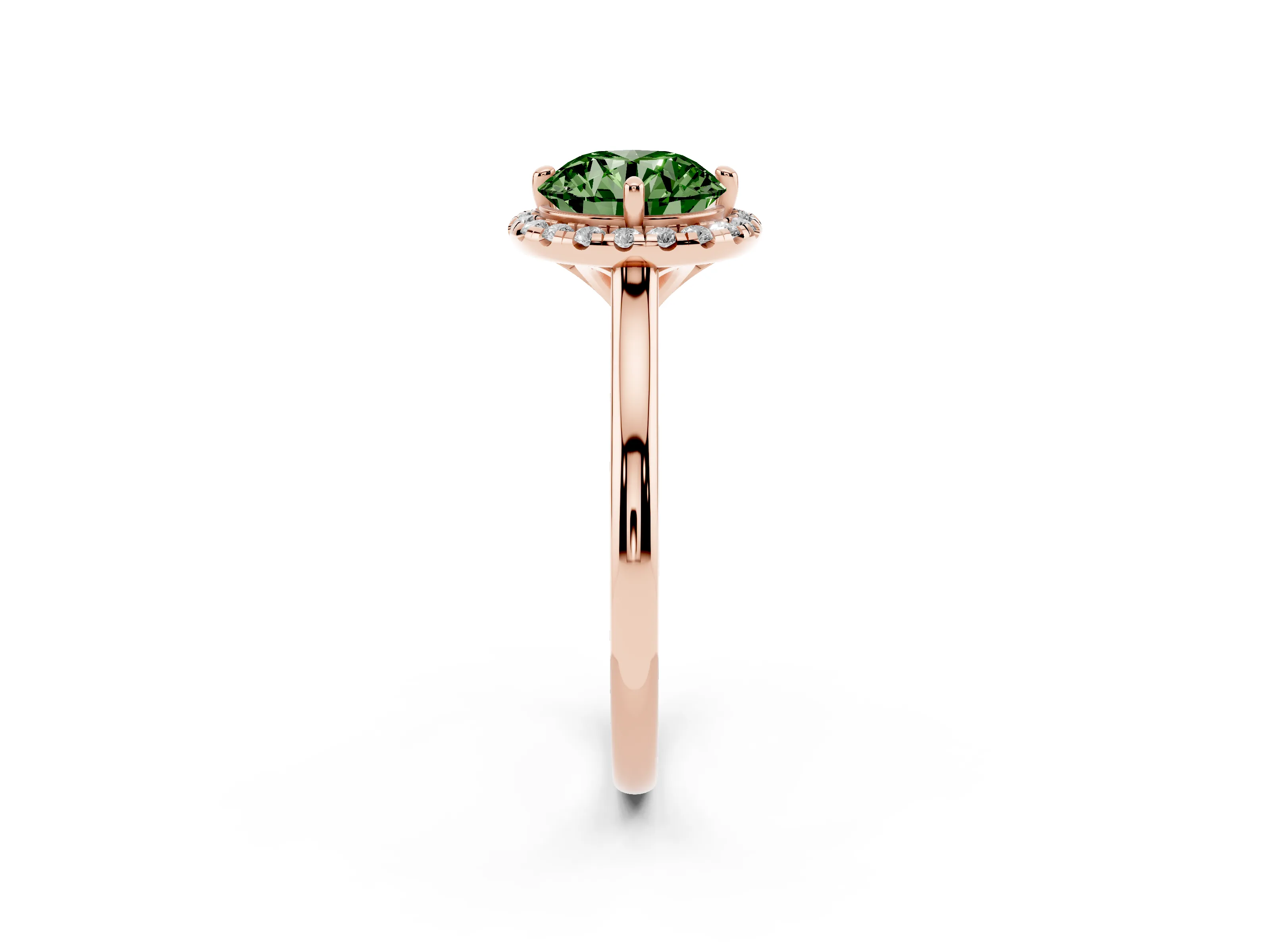 Fancy Green Round Cut Diamond Halo Engagement Ring Set in Rose gold with Pavé Band and Rising Shoulders