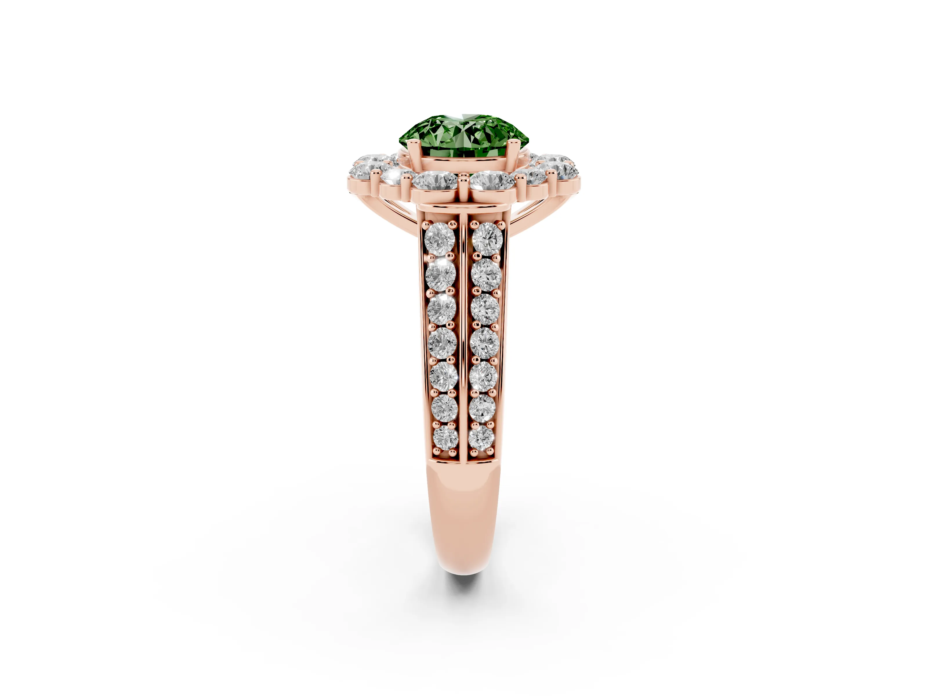 Fancy Green Round Cut Diamond Halo Engagement Ring Set in Rose gold with Split Shank and Prong Setting