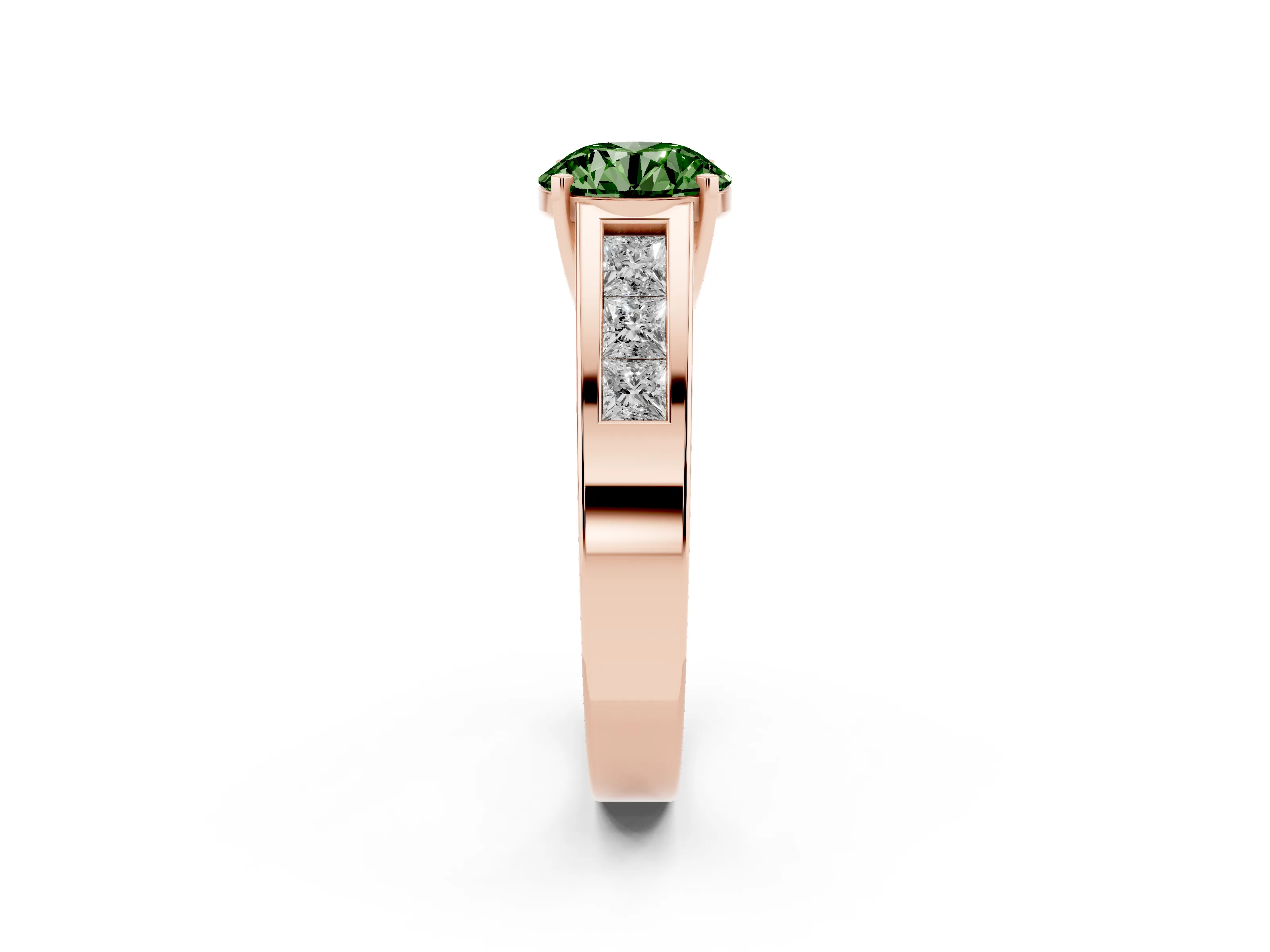 Fancy Green Round Cut Diamond Solitaire Ring Set in Rose gold with Channel-Set Accent Stones and Prong Setting