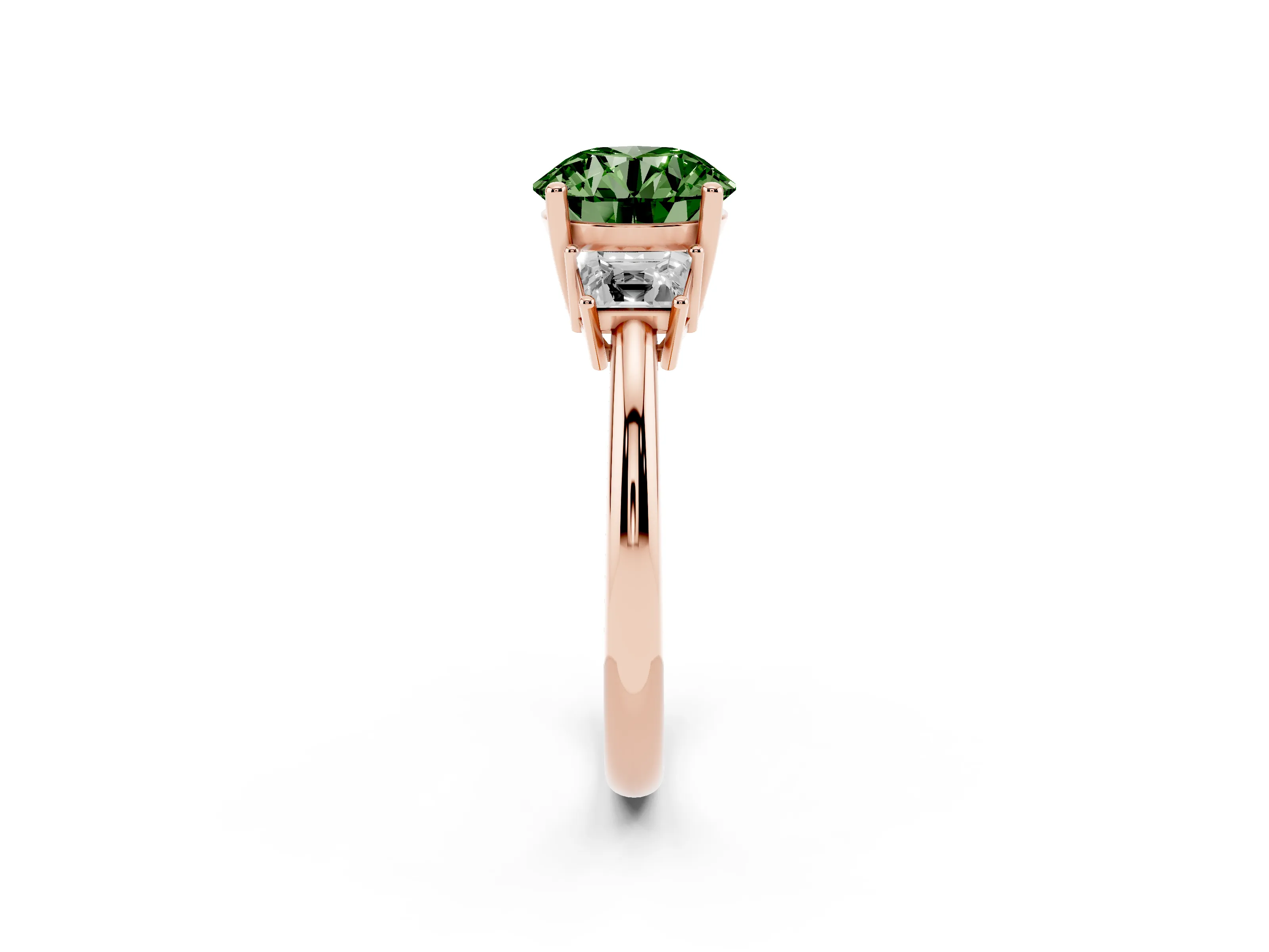 Fancy Green Round Cut Diamond Three-Stone Ring Set in Rose gold with Trapezoid Side Stones and Prong Setting