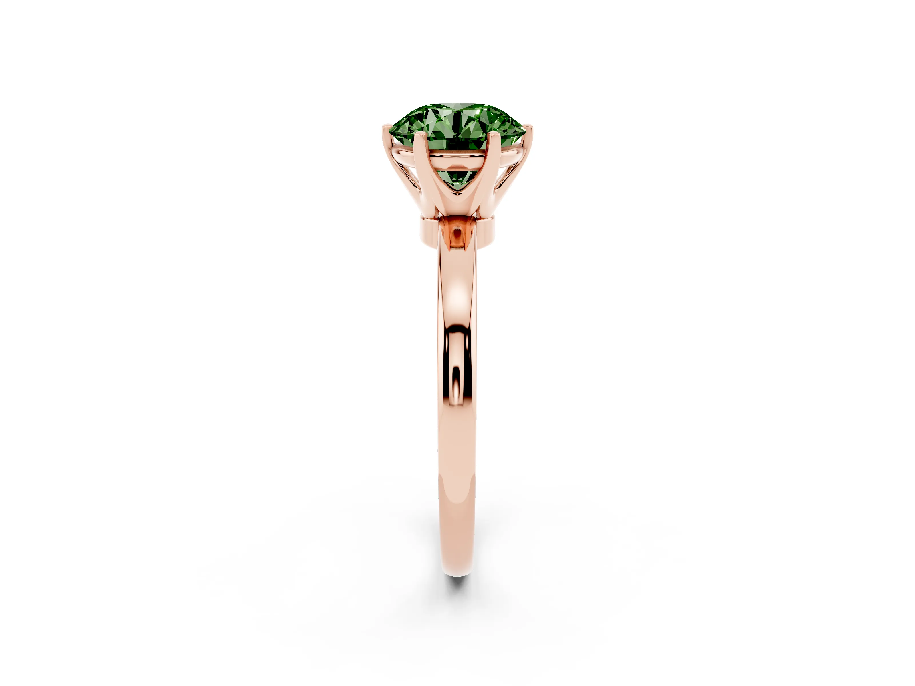 Fancy Green Round Cut Diamond Solitaire Ring Set in Rose gold with Raised Prong Setting on a Classic Band