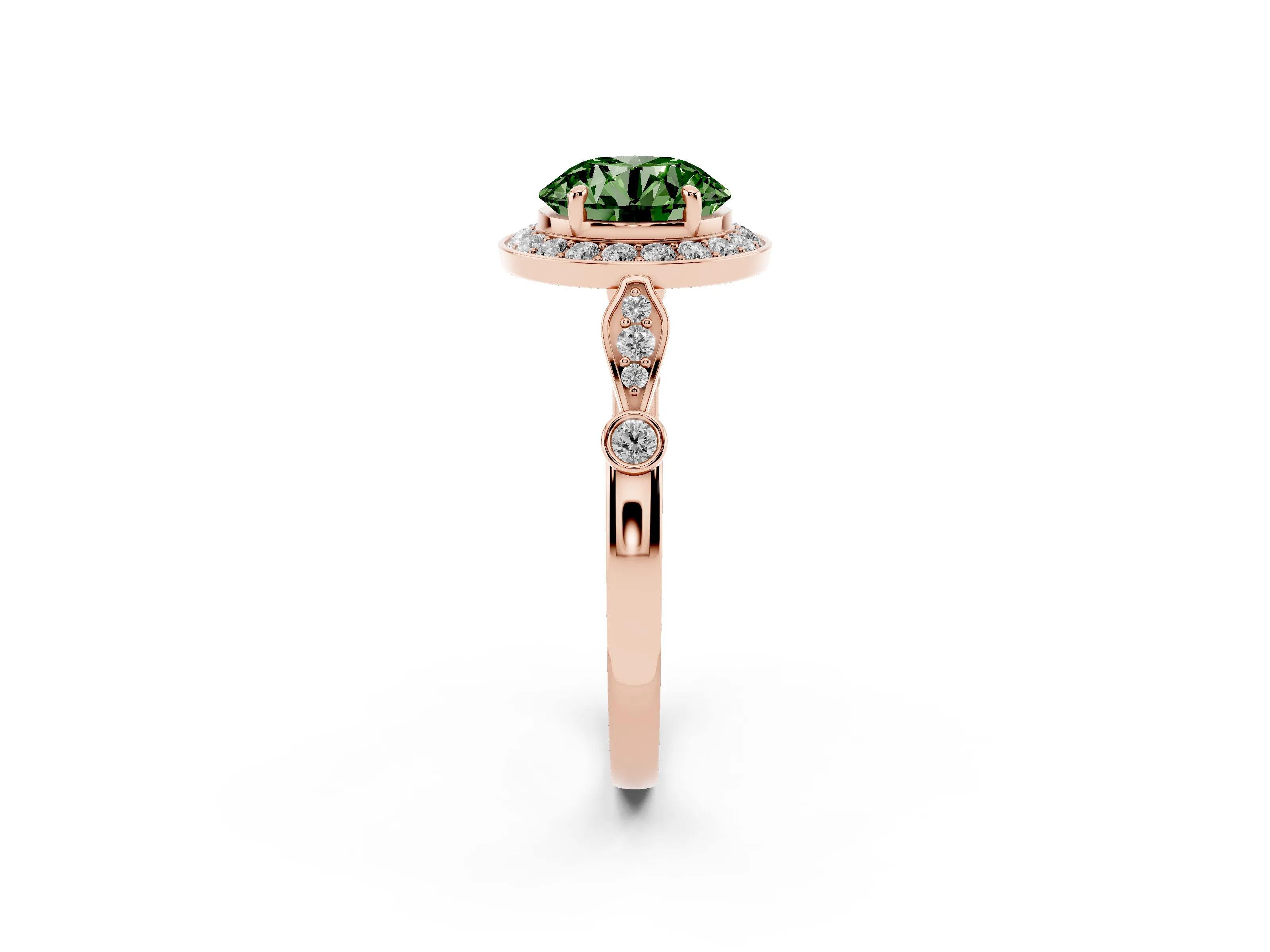 Fancy Green Round Cut Diamond Halo Engagement Ring Set in Rose gold with Twisted Band and Prong Setting