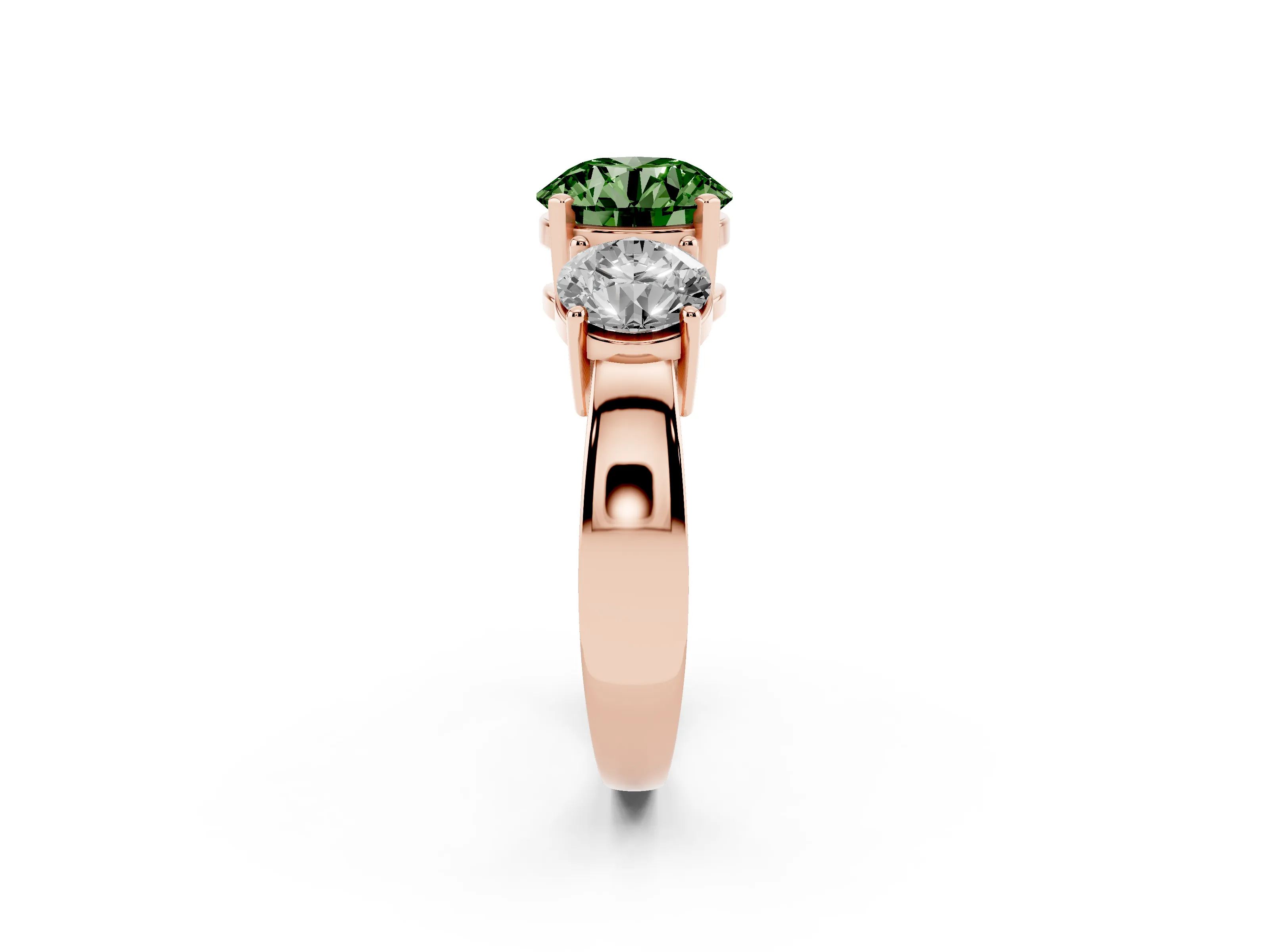 Fancy Green Round Cut Diamond Three-Stone Ring Set in Rose gold with Round Side Stones and Classic Band